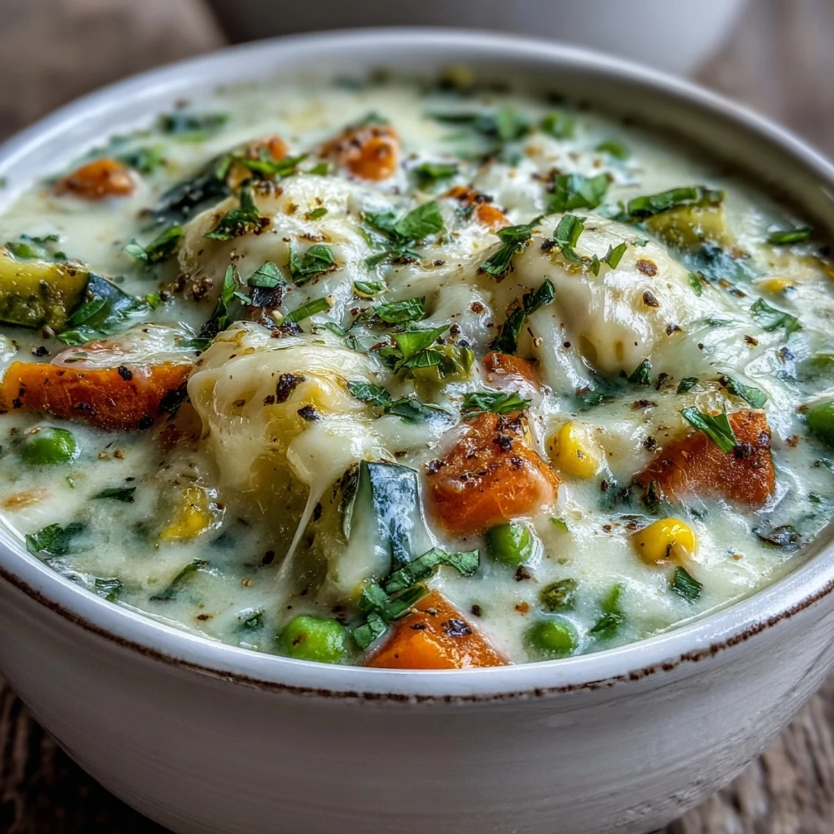 Creamy Garlic Parmesan Veggie Soup steams in a rustic bowl, garnished with extra grated cheese and fresh thyme, served with crusty bread.