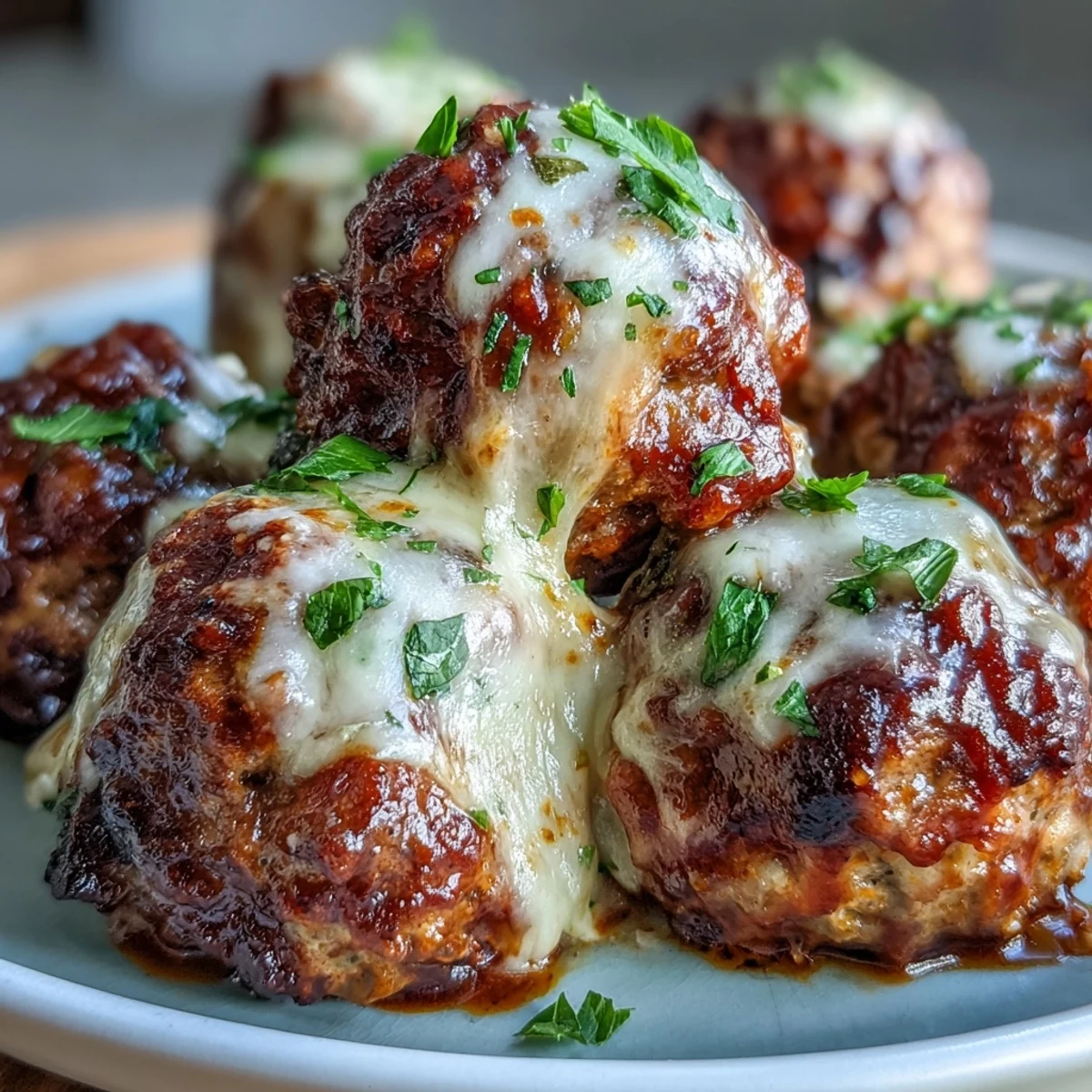 Freshly baked Baked Spicy Chicken Parm Meatballs bubbling with marinara and melted mozzarella cheese.