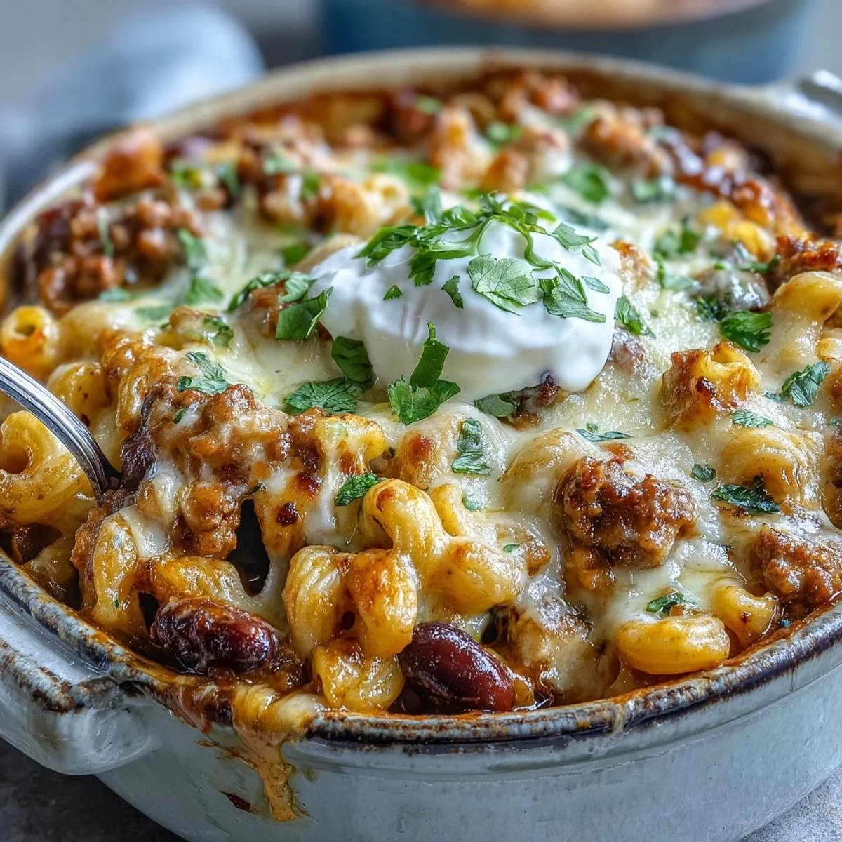 A hearty scoop of Baked Ranch Turkey Chili Mac reveals tender pasta, ground turkey, beans, and creamy cheddar on a rustic plate.