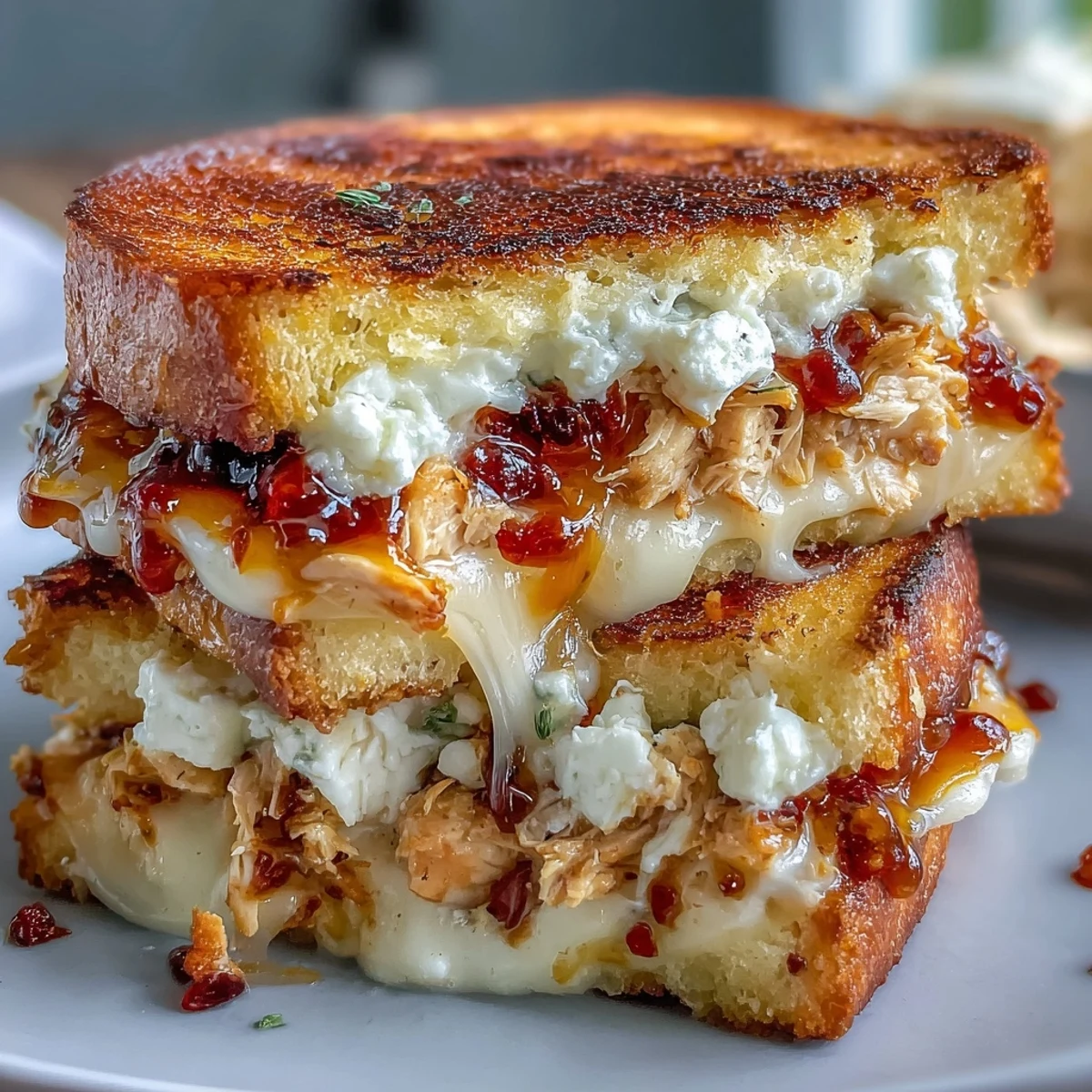Golden-brown sourdough slices reveal melty goat cheese and shredded chicken drizzled with hot honey inside this Goat Cheese & Hot Honey Chicken Grilled Cheese.