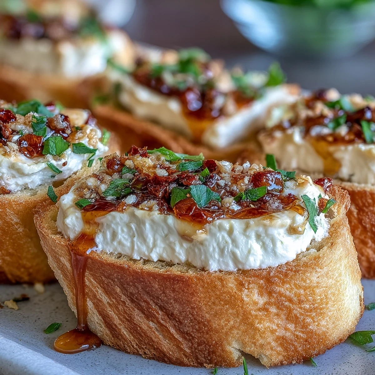 Toasted bread rounds with whipped cheese and red pepper flakes make the Hot Honey Goat Cheese Crostini perfect for parties.