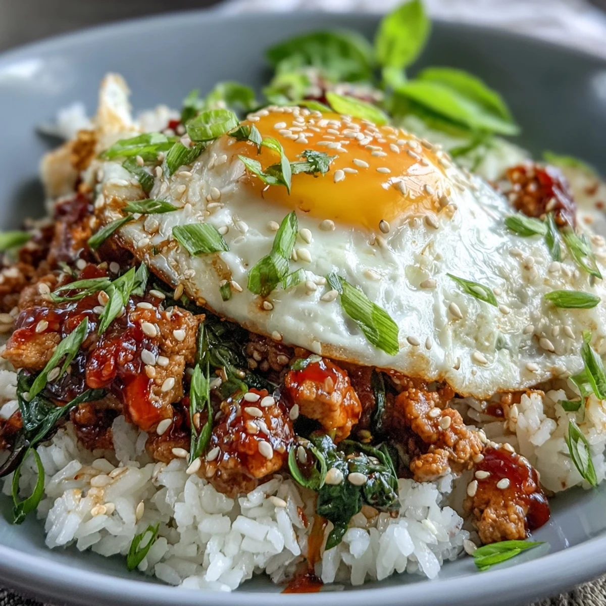 Korean-inspired turkey rice skillet with gochujang sauce, spinach, and a halved jammy egg on a white bowl.