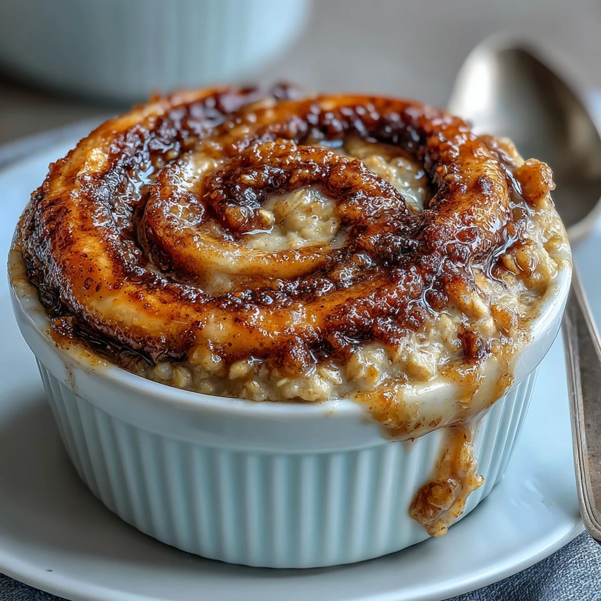 Golden Cinnamon Swirl Protein Banana Baked Oats with a nut butter drizzle ready to eat.