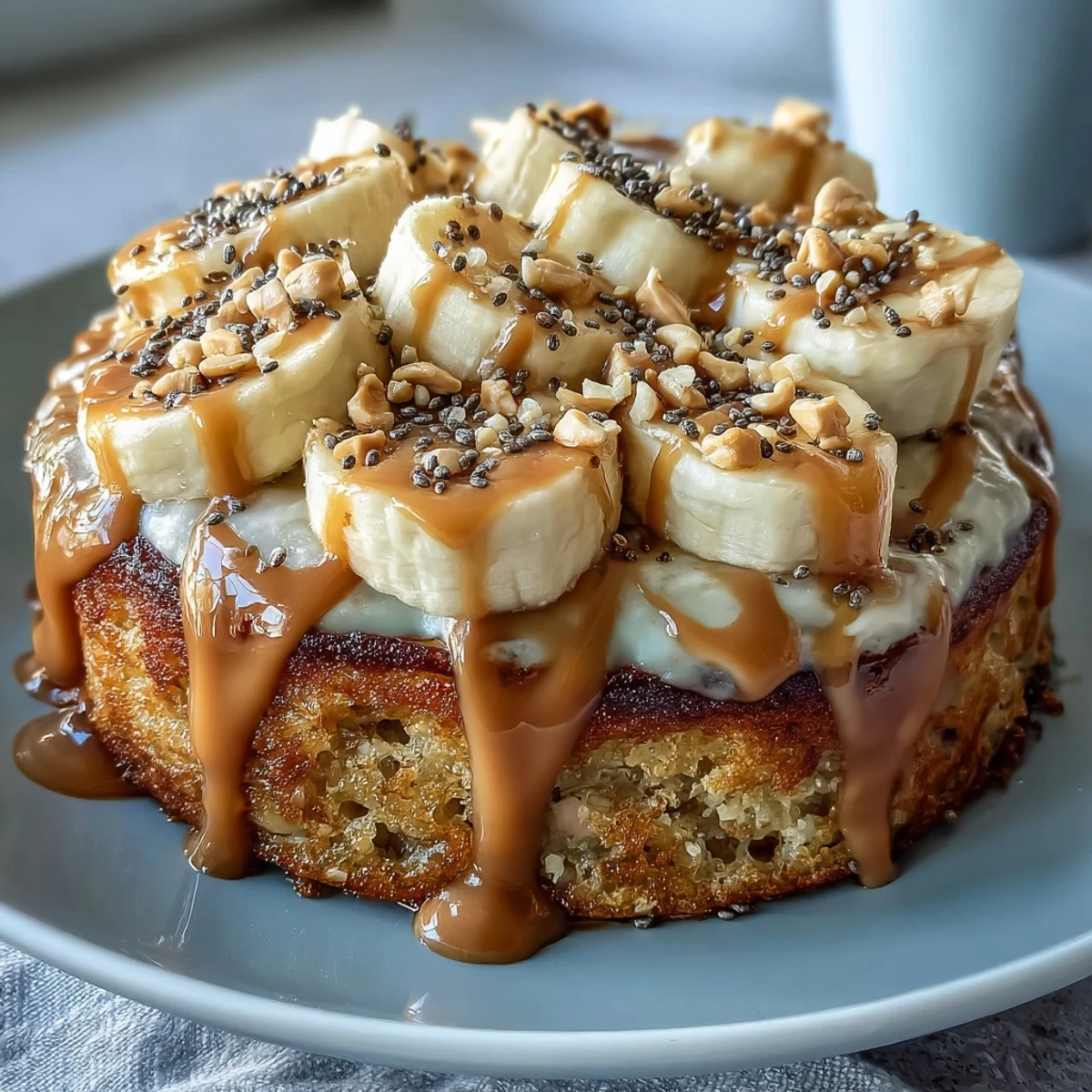 A close-up of a High-Protein Breakfast Pizza Bowl featuring a golden baked pancake base topped with creamy Greek yogurt frosting and a rich peanut butter drizzle.