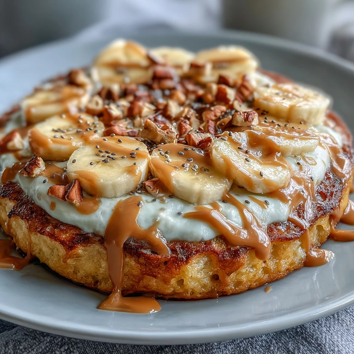 Freshly baked High-Protein Breakfast Pizza Bowl served warm, highlighting slices of ripe banana and a sprinkle of chia seeds on a high-protein pancake crust.