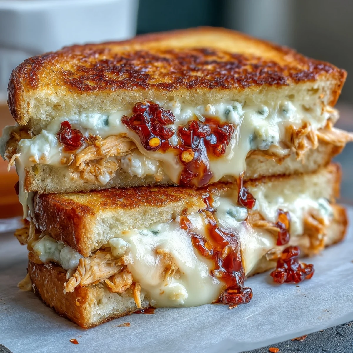 Golden-brown Goat Cheese & Hot Honey Chicken Grilled Cheese sandwiches are sliced to reveal melty, shredded chicken filling.