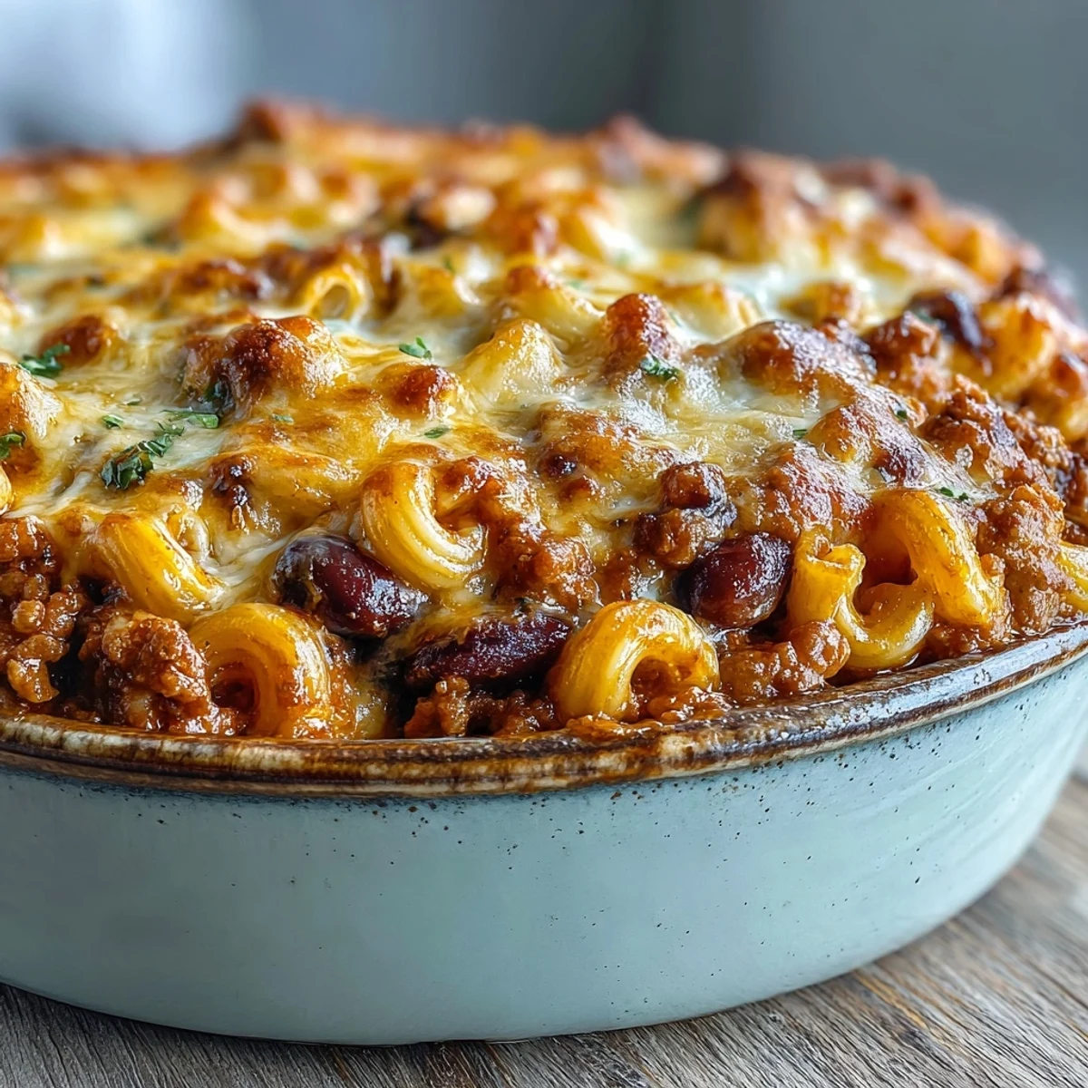 Golden, bubbly cheddar tops a skillet of Baked Ranch Turkey Chili Mac, steaming beside a fresh green garnish.