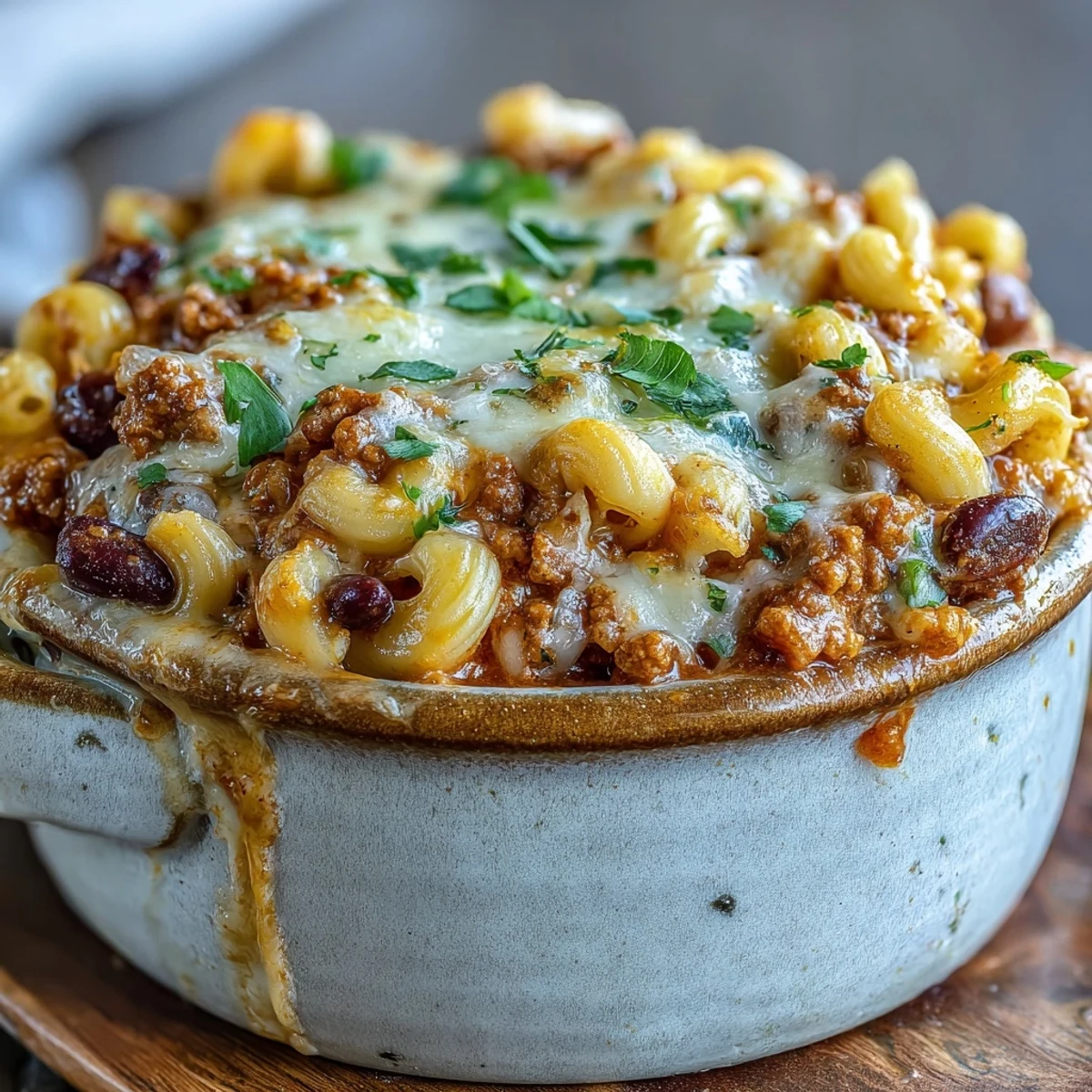A hearty scoop of Baked Ranch Turkey Chili Mac reveals layered pasta, ground turkey, and creamy cheddar inside.