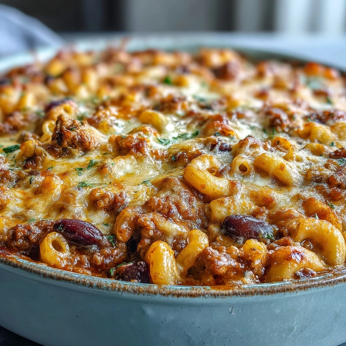 Dinner is served with a warm bowl of Baked Ranch Turkey Chili Mac, garnished with cilantro and sour cream.
