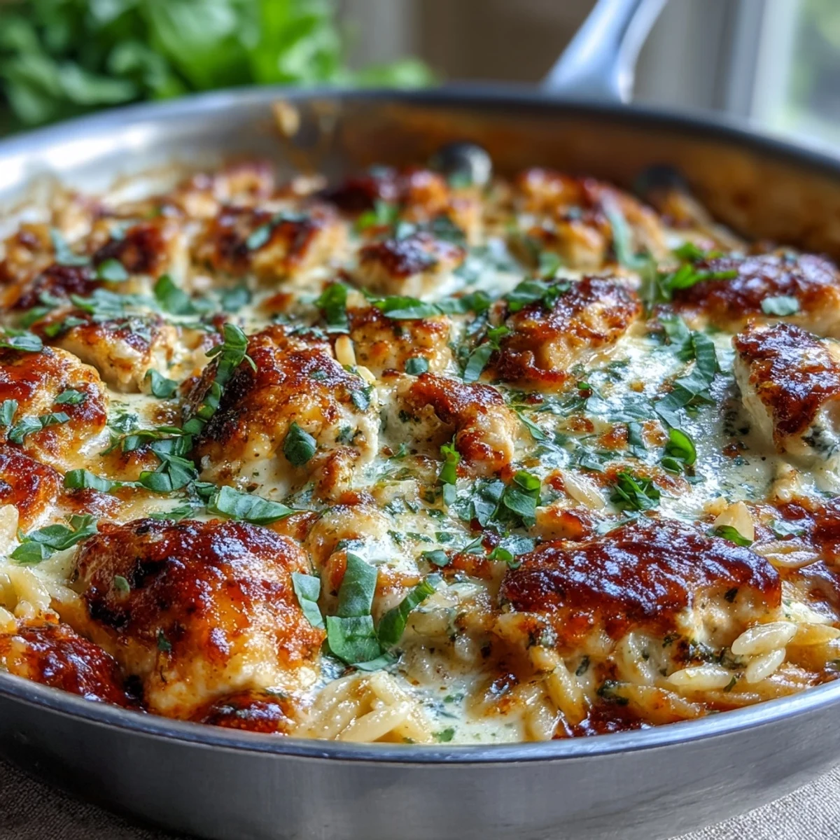 A close-up of One-Pan Creamy Chicken Lasagna Orzo, bubbling with ricotta, tomato sauce, and tender chicken.