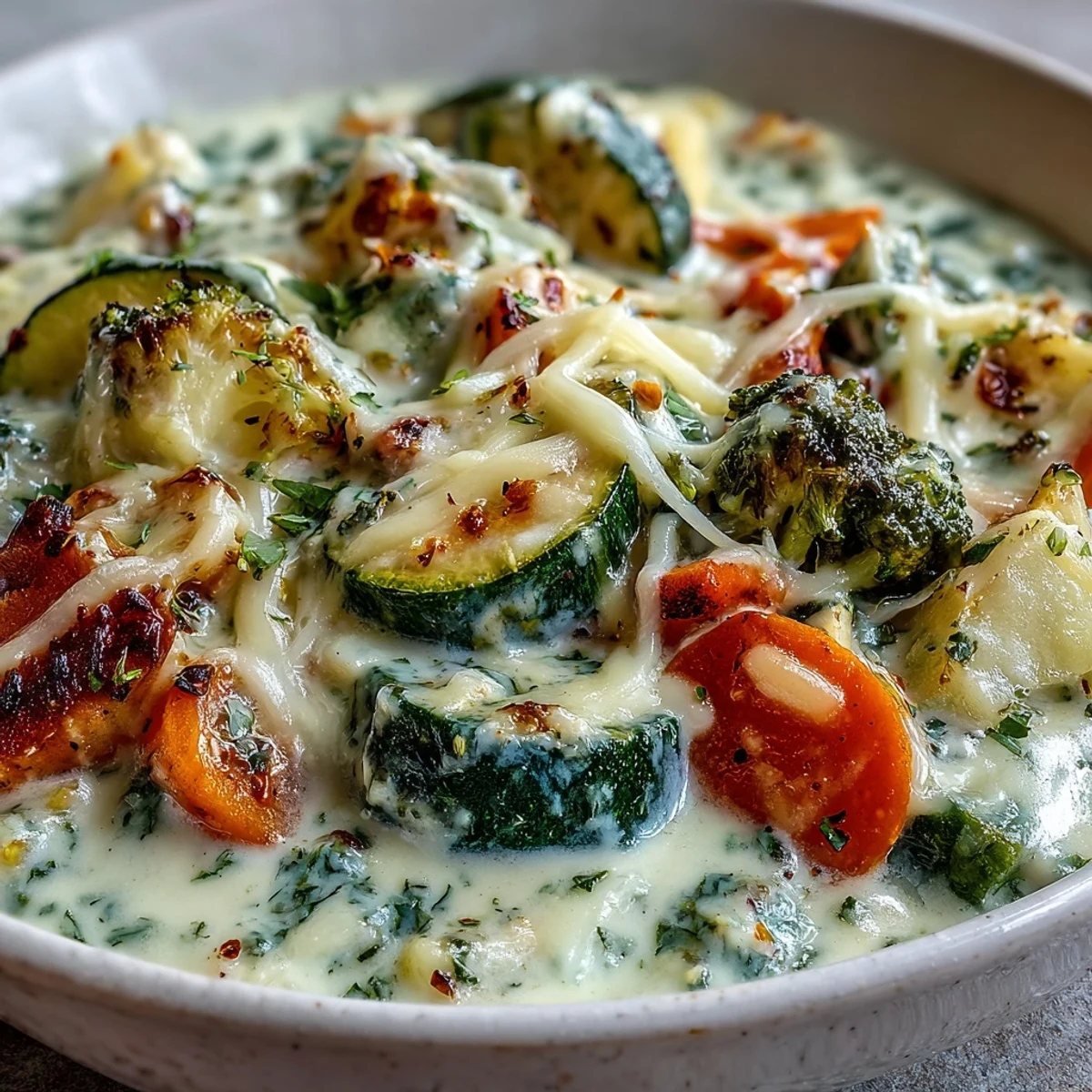 Close-up of Creamy Garlic Parmesan Veggie Soup garnished with herbs, served alongside crusty bread.