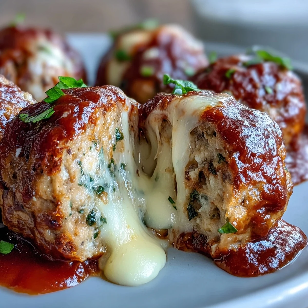 Golden-brown Baked Spicy Chicken Parm Meatballs in zesty marinara sauce with melted mozzarella.