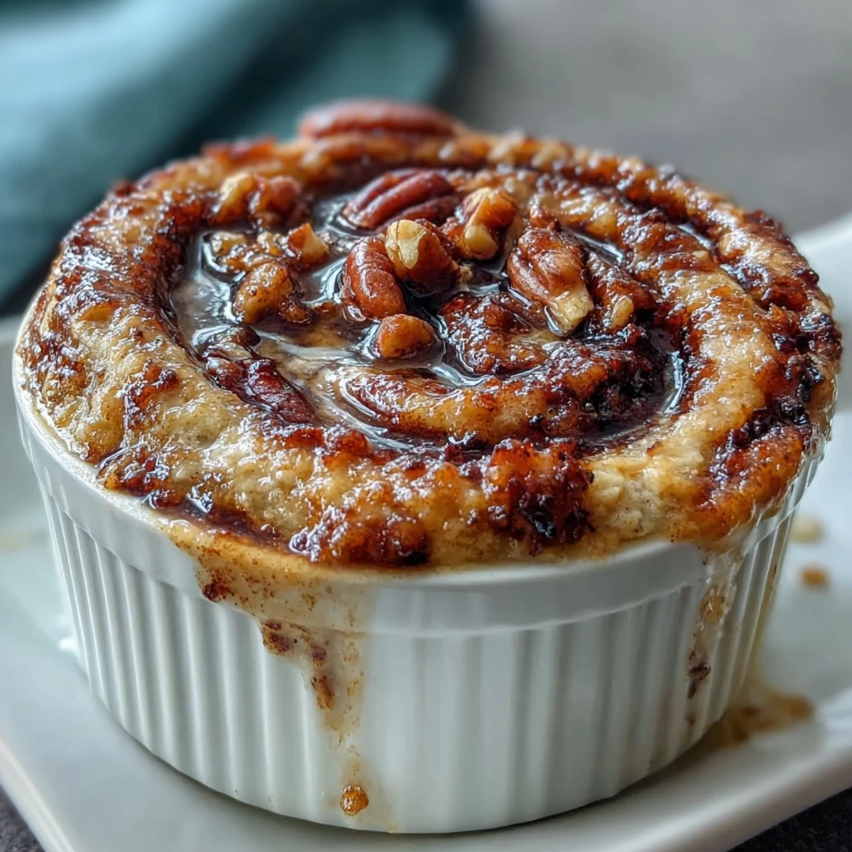 Freshly baked Cinnamon Swirl Protein Banana Baked Oats in a white ramekin, topped with banana slices and walnuts. 