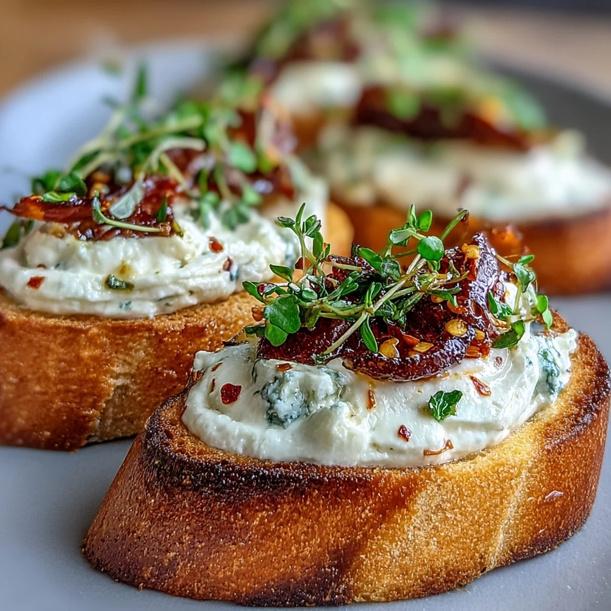 Golden, crisp toasted baguette slices with creamy hot honey goat cheese, topped with fresh thyme.
