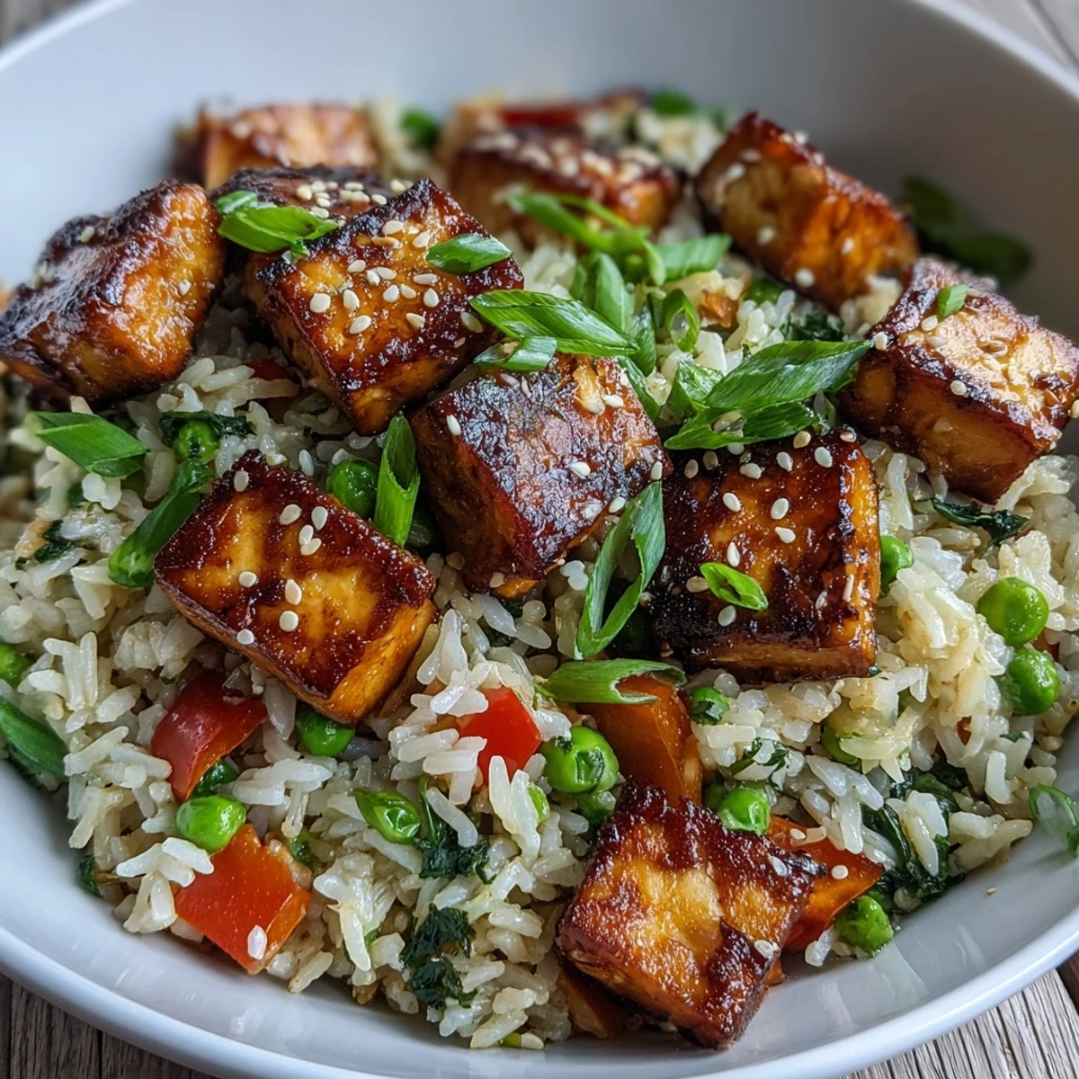 Golden crispy tofu cubes and colorful veggies tossed in a savory sesame-ginger sauce over fluffy fried rice.