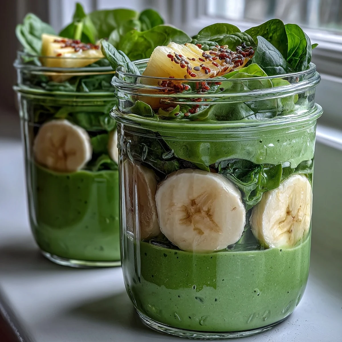 Four mason jars filled with fresh pineapple, spinach, and bananas for Green Smoothie Meal Prep Jars, ready to blend with almond milk for a quick breakfast.
