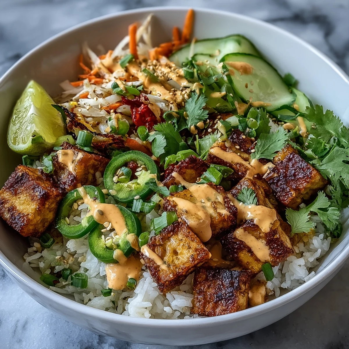 Vegan Crispy Tofu Banh Mi Bowls are topped with pickled carrots, fresh cilantro, and drizzled with spicy sriracha mayo.