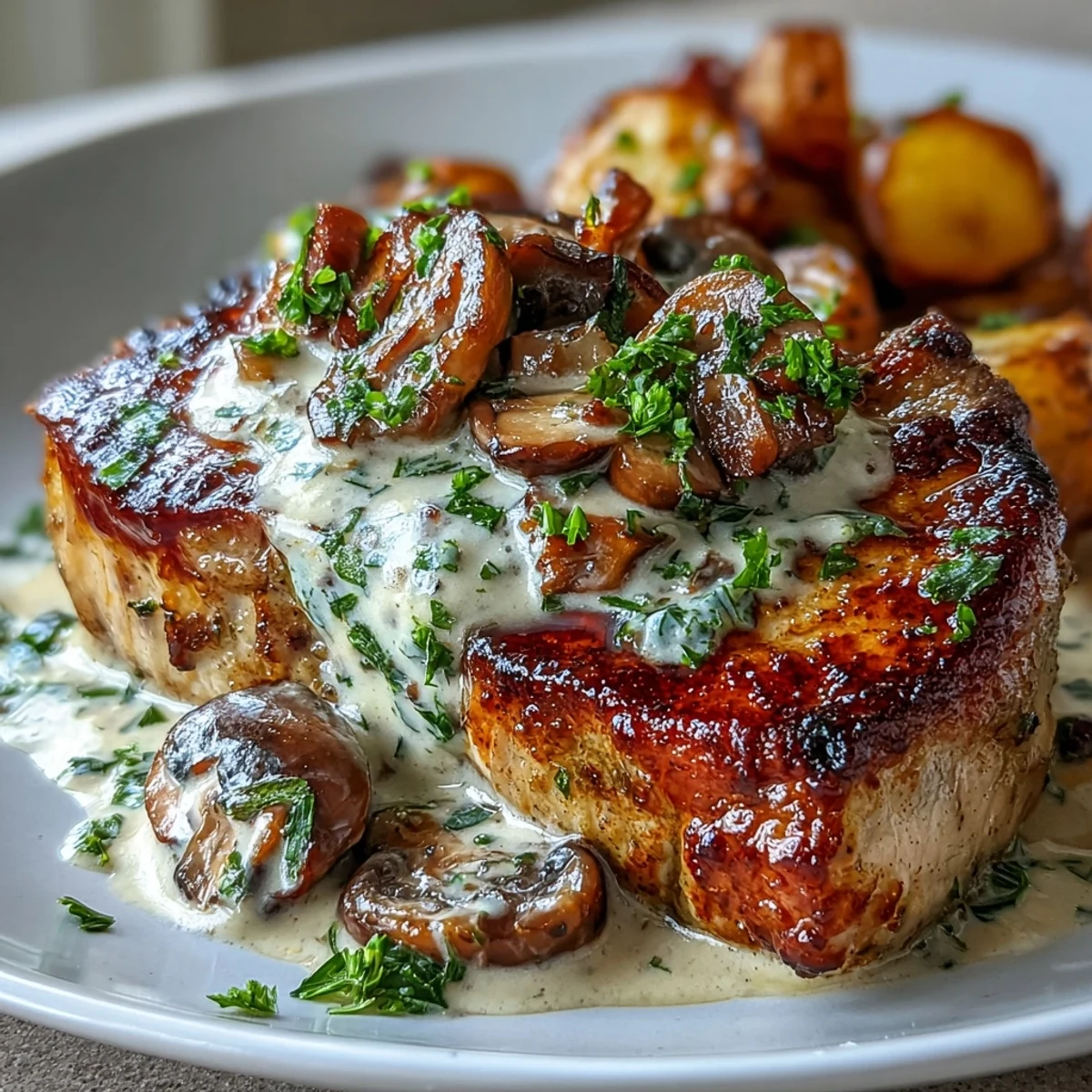 Freshly cooked Keto Creamy Mushroom Pork Chops and roasted radishes plated with parsley garnish for a delicious meal.