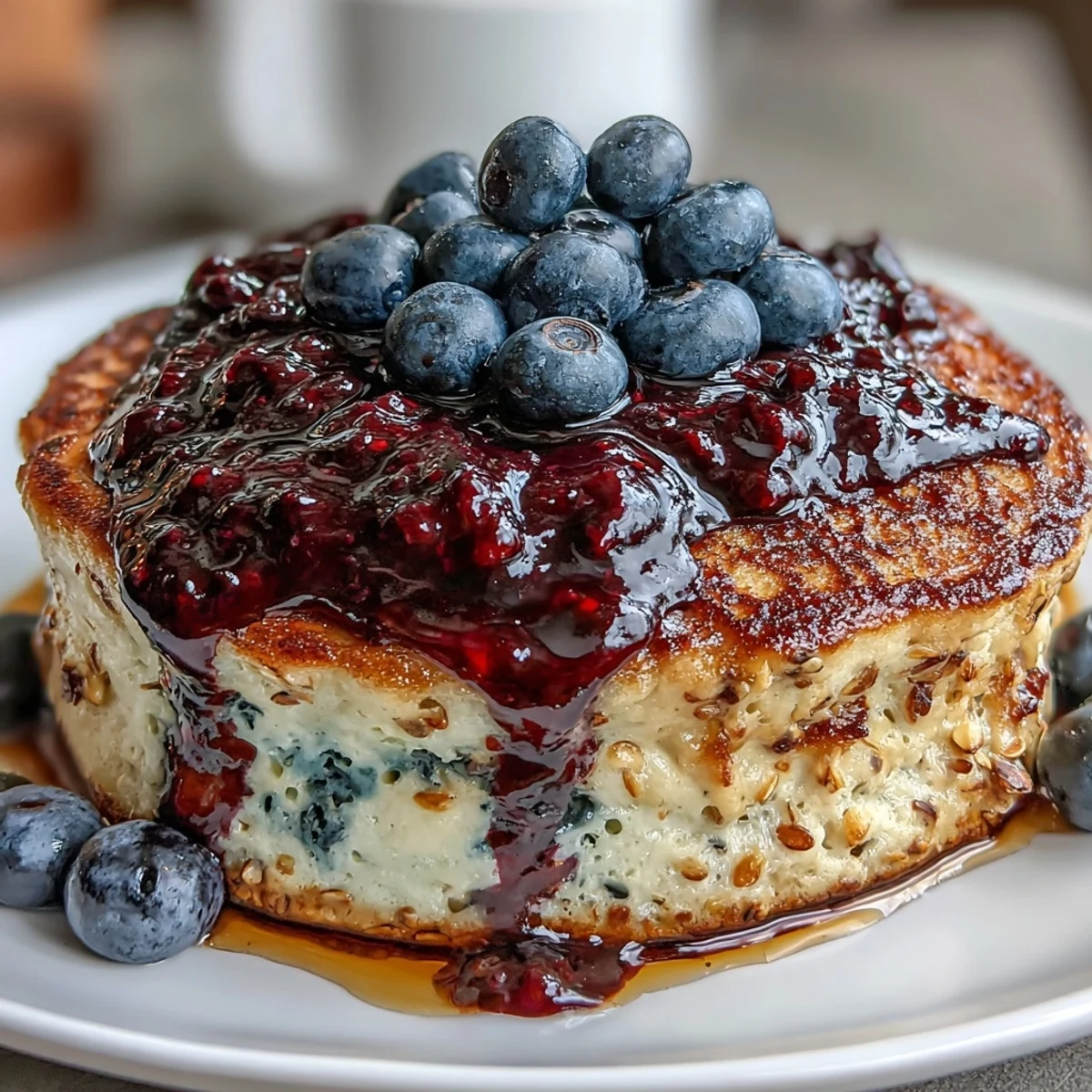 Golden-brown High-Protein Greek Yogurt Pancakes with Blueberry Compote stacked high, topped with extra fresh blueberries and a dollop of creamy yogurt.