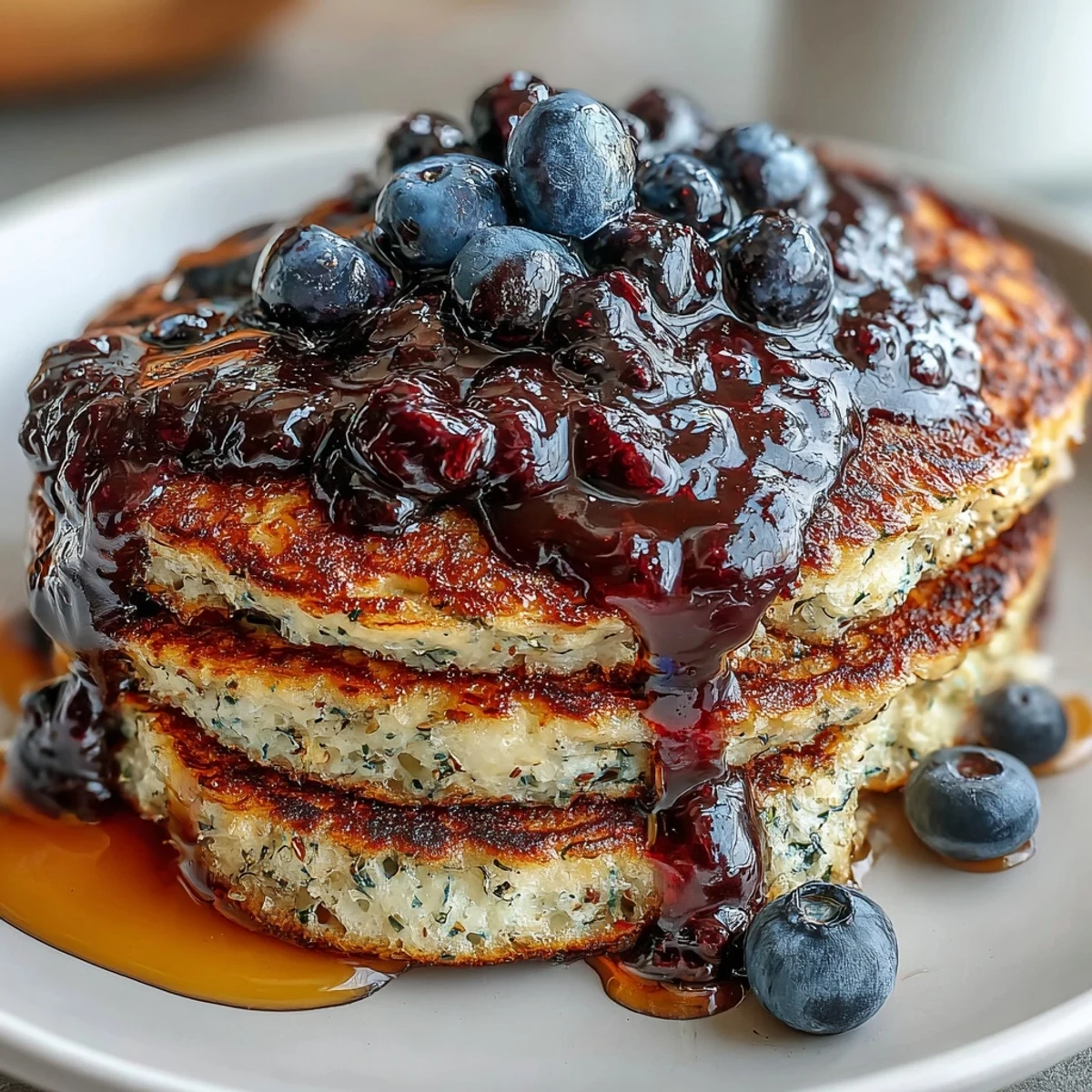 A close-up of fluffy High-Protein Greek Yogurt Pancakes drizzled with warm blueberry compote, showing the thick, juicy berry sauce.