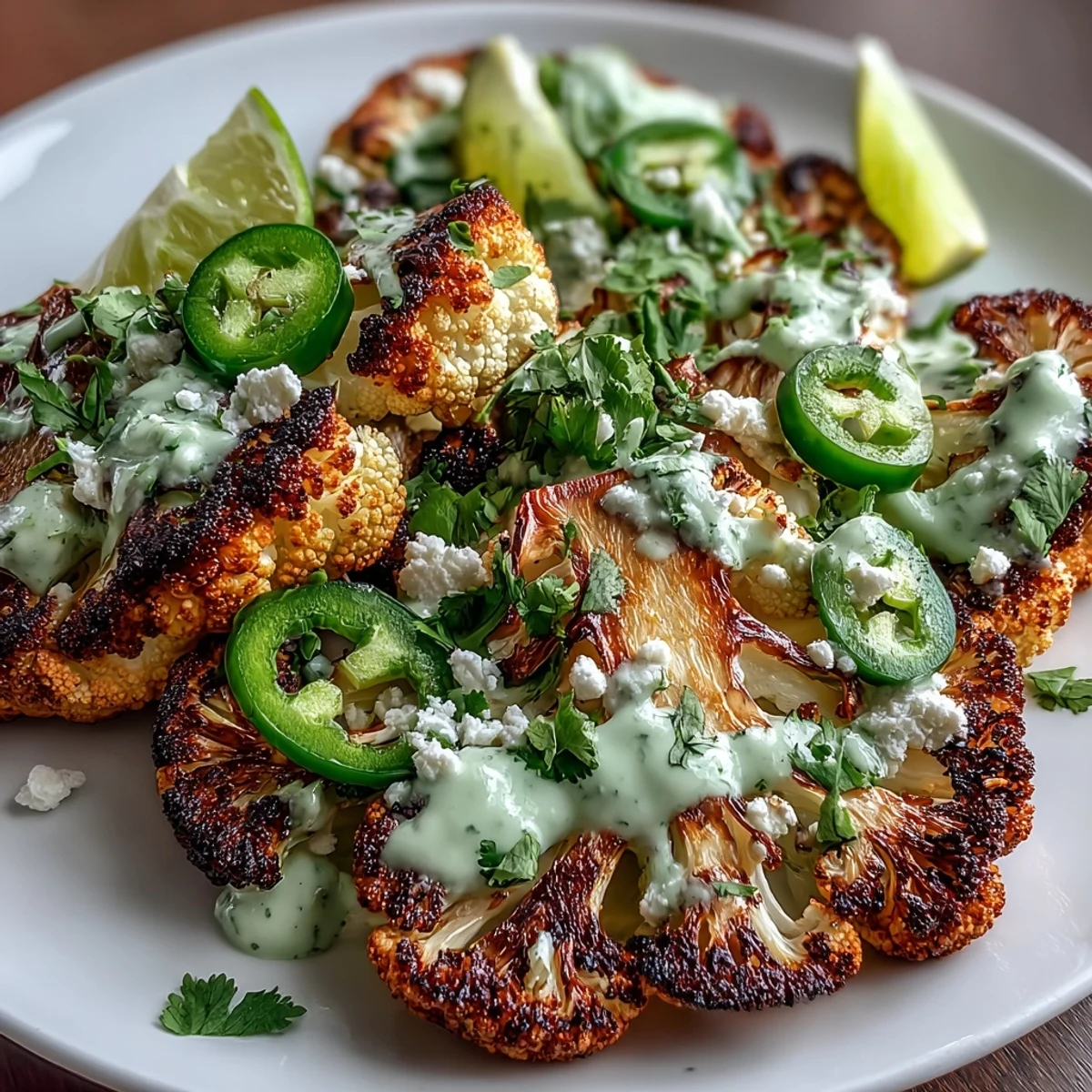 Drizzled Keto Chili Lime Cauliflower Steaks with avocado crema, lime wedges, and sliced jalapeños for a zesty kick.