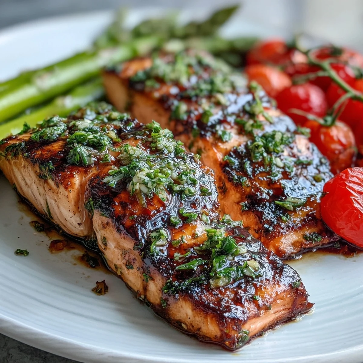 Juicy grilled salmon with asparagus and cherry tomatoes garnished with lemon wedges and fresh herbs, ready to serve.