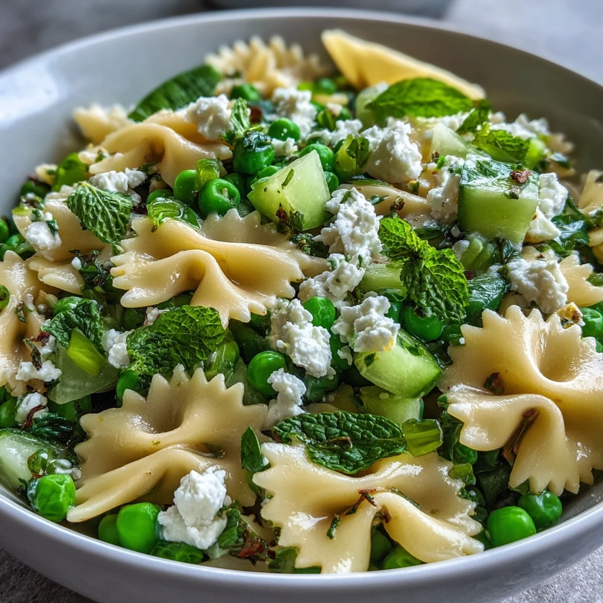 Close-up of Fresh Spring Pea and Mint Pasta Salad tossed with herbs and a zesty lemon dressing.