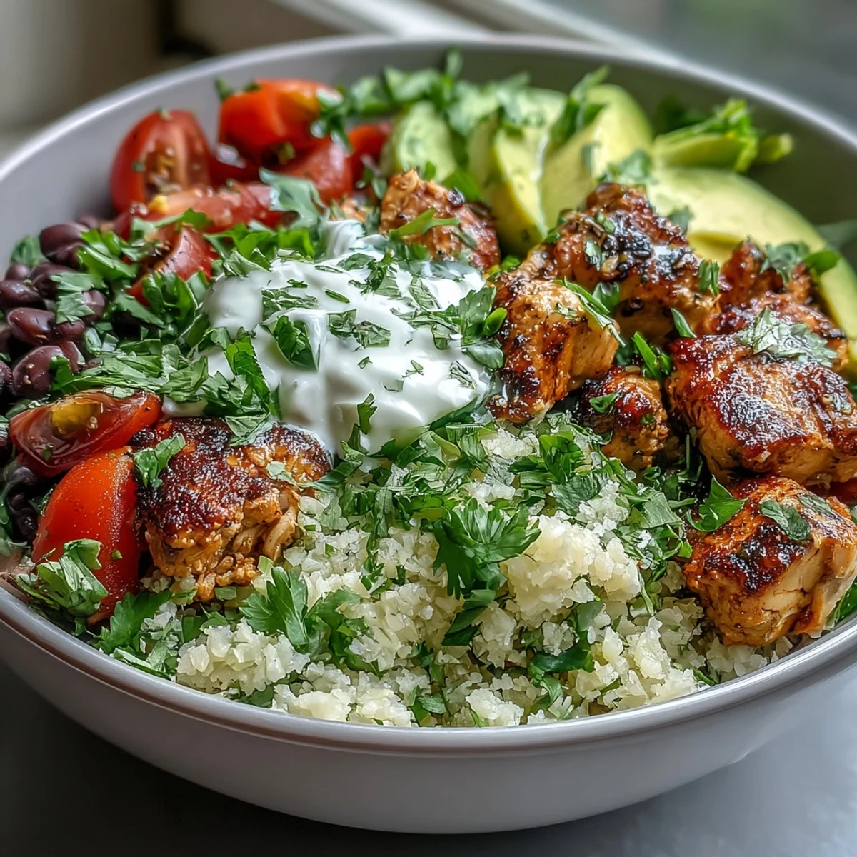 A vibrant 400-calorie burrito bowl with cilantro-lime cauliflower rice, tender chicken, and fresh toppings like avocado and cherry tomatoes. A healthy, low-calorie meal perfect for weight loss.