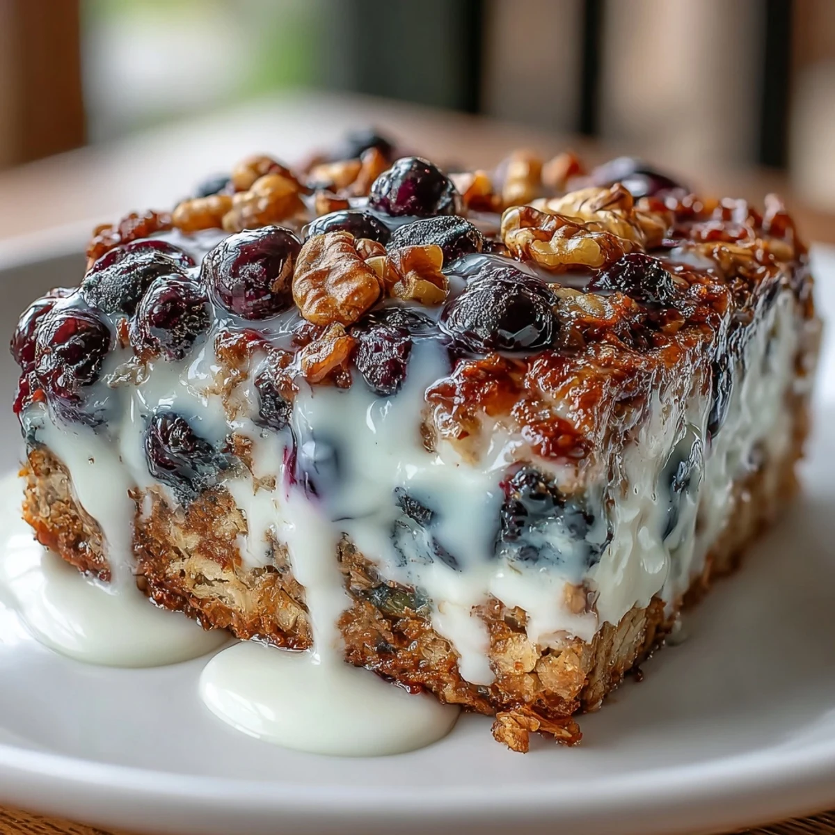 Wholesome blueberry oatmeal bake with Greek yogurt swirl, golden and bubbling with juicy berries and crunchy nuts.