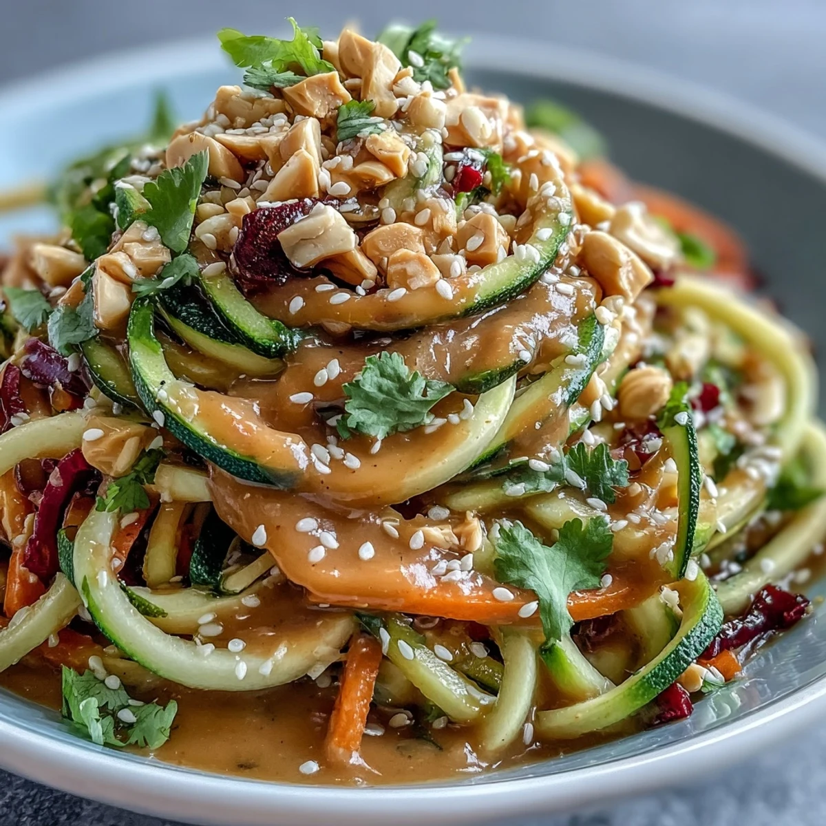 Fresh vegan Thai peanut zucchini noodle salad with crunchy veggie ribbons and creamy peanut dressing, garnished with peanuts and sesame seeds.