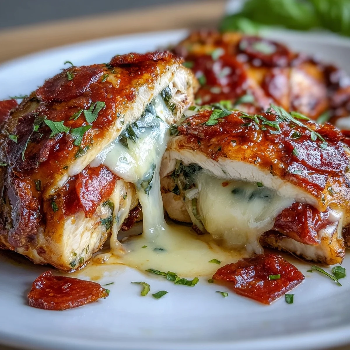 Juicy chicken breasts stuffed with classic pizza flavors, topped with melted mozzarella and Parmesan, baked in a skillet for a low-carb dinner.  