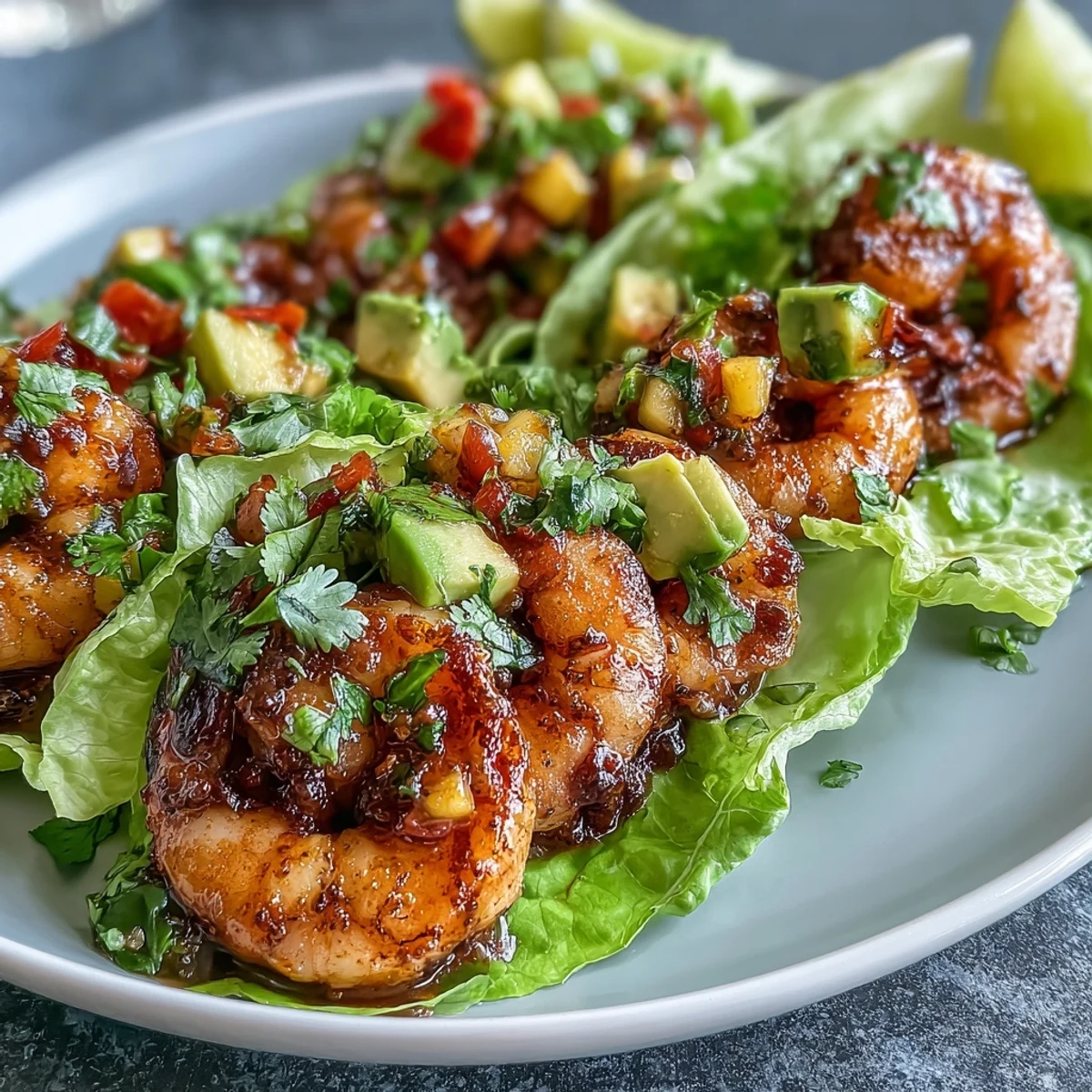 Zesty grilled shrimp and sweet mango salsa tucked into fresh lettuce leaves, perfect for a healthy taco night.