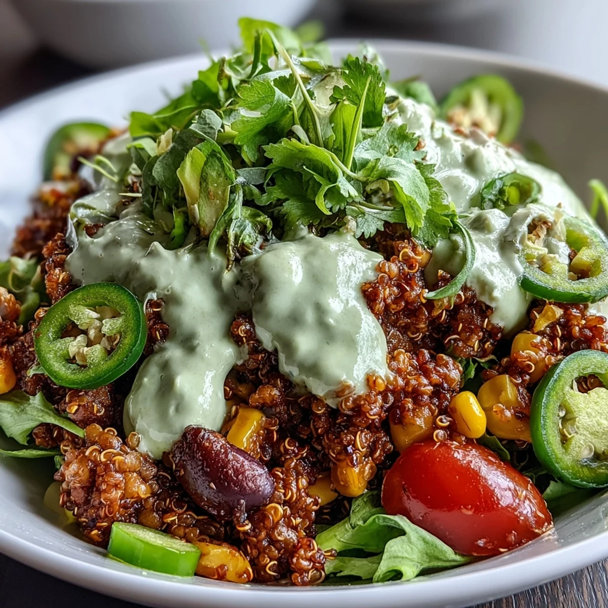 A hearty vegan bowl featuring spiced lentil-quinoa taco meat, creamy avocado lime crema, and colorful fresh toppings.  