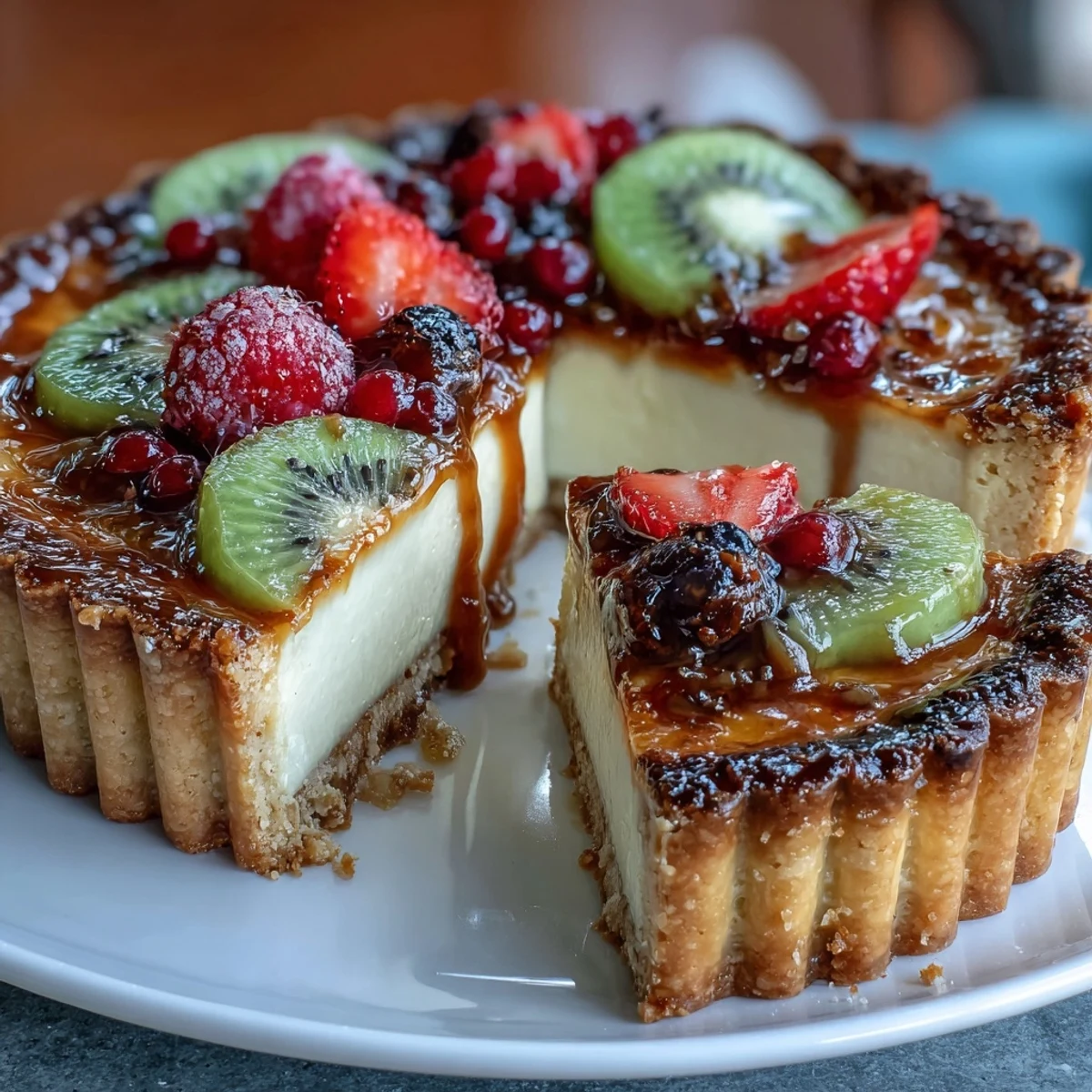 A golden cardamom custard tart with fresh berries and kiwi slices arranged in a vibrant pattern.  
