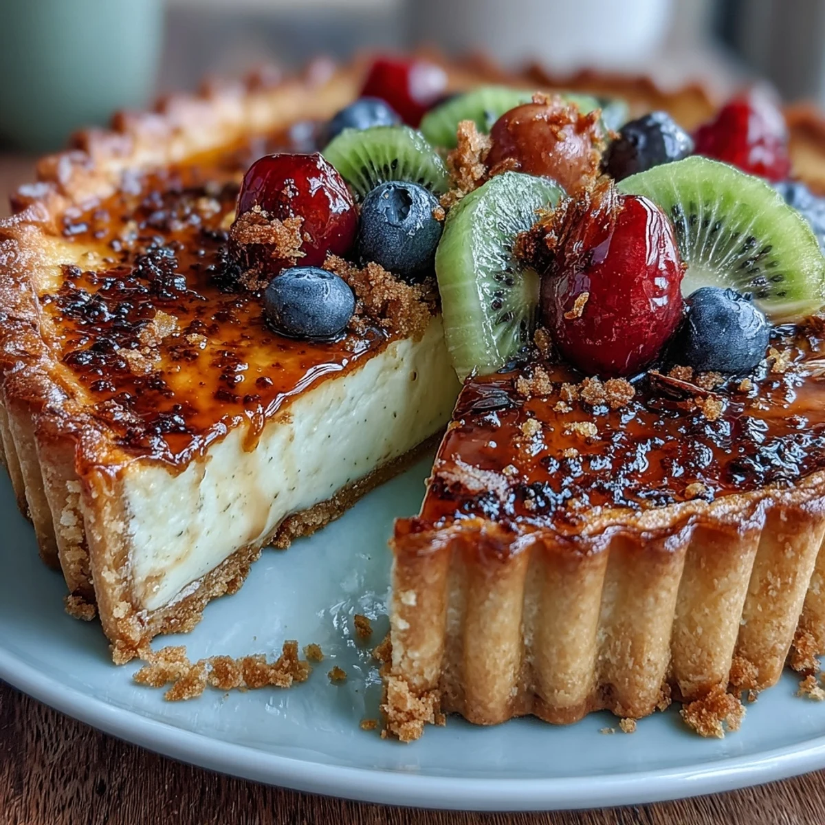 Elegant cardamom custard tart filled with creamy vanilla custard and decorated with fresh berries and apricot glaze.