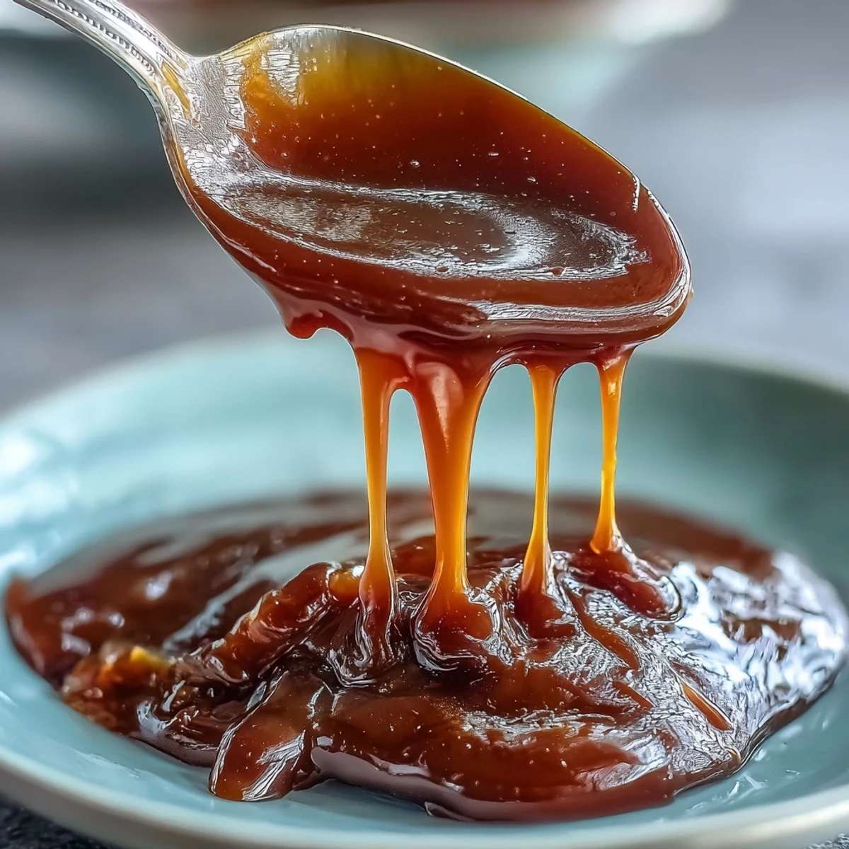 A glossy bowl of homemade miso caramel sauce, rich and golden with a savory umami twist from white miso.