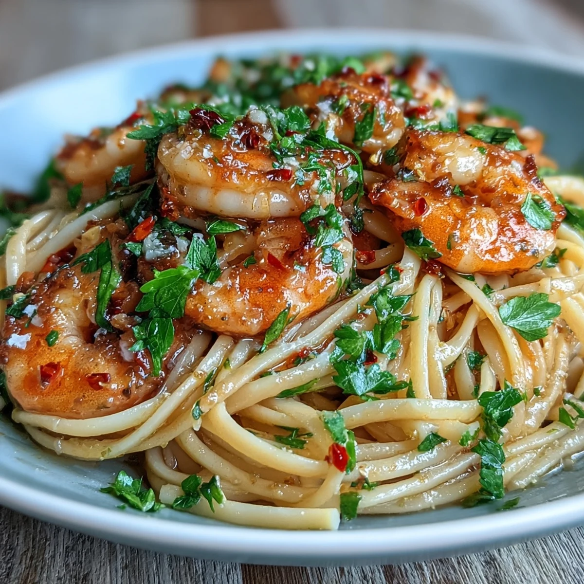 Spicy chili-garlic shrimp sizzled in olive oil, served over tender linguine with a bright lemon finish.  