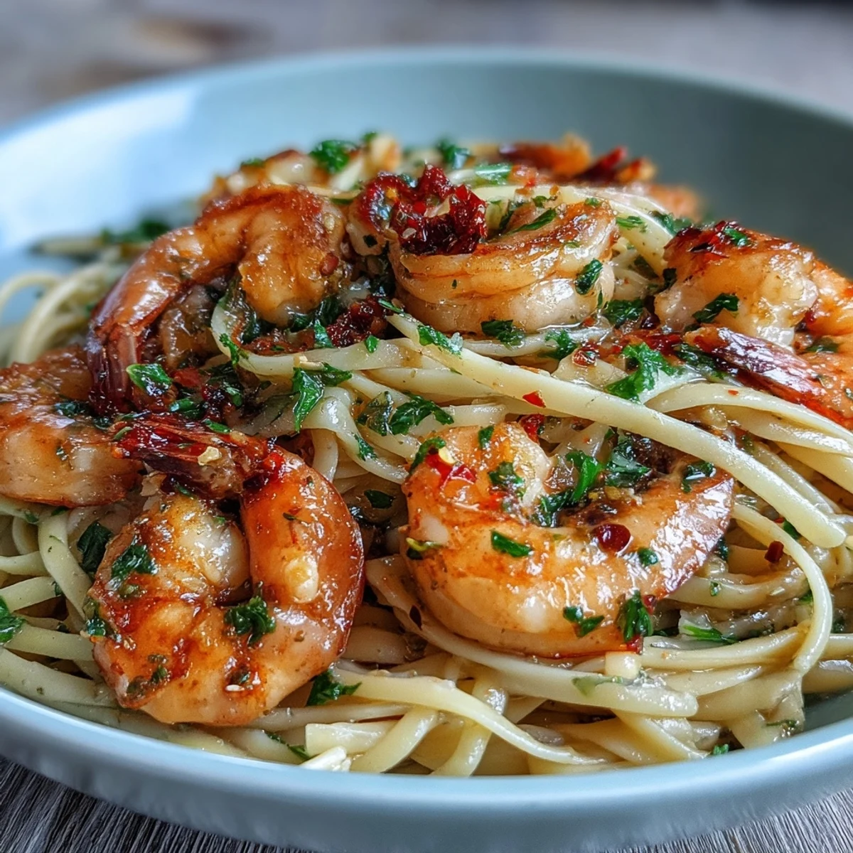Succulent shrimp in a zesty chili-garlic sauce, combined with al dente linguine and fresh herbs for a bold pasta dish.