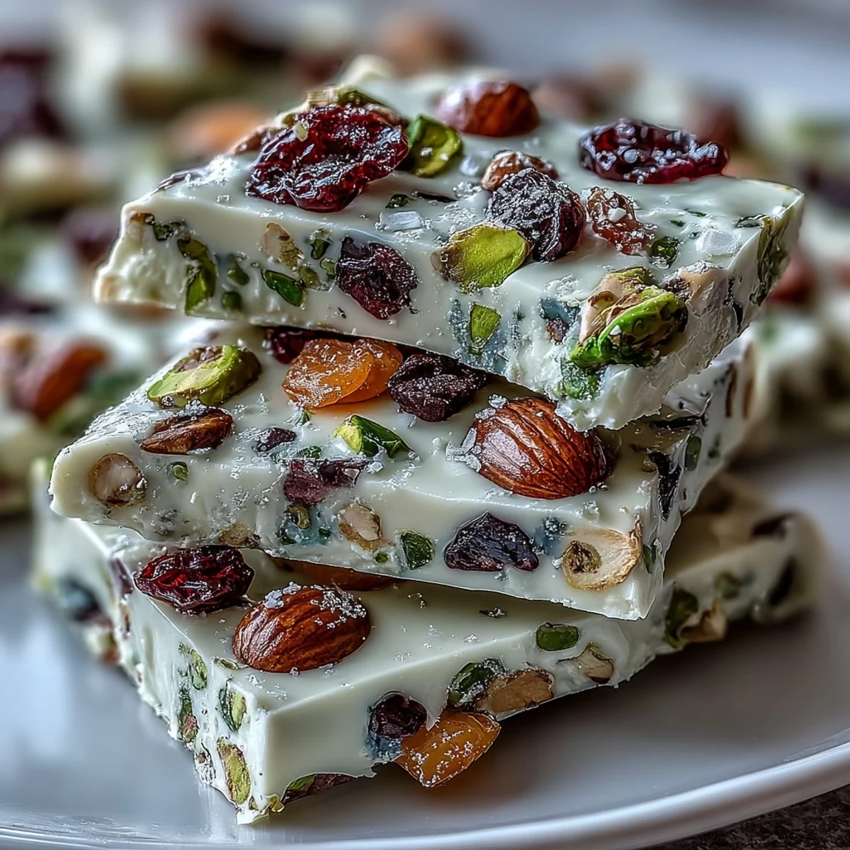 Silky white chocolate bark topped with crunchy pistachios and chewy dried cranberries for a festive holiday treat.