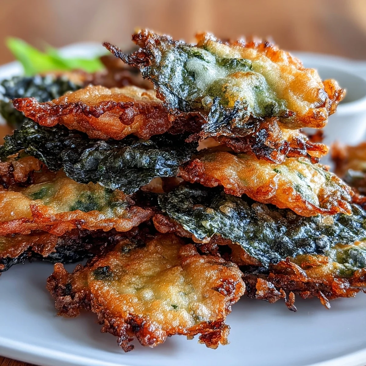 Japanese-style seaweed tempura, featuring delicate nori sheets in a crisp tempura coating, ideal as an appetizer.