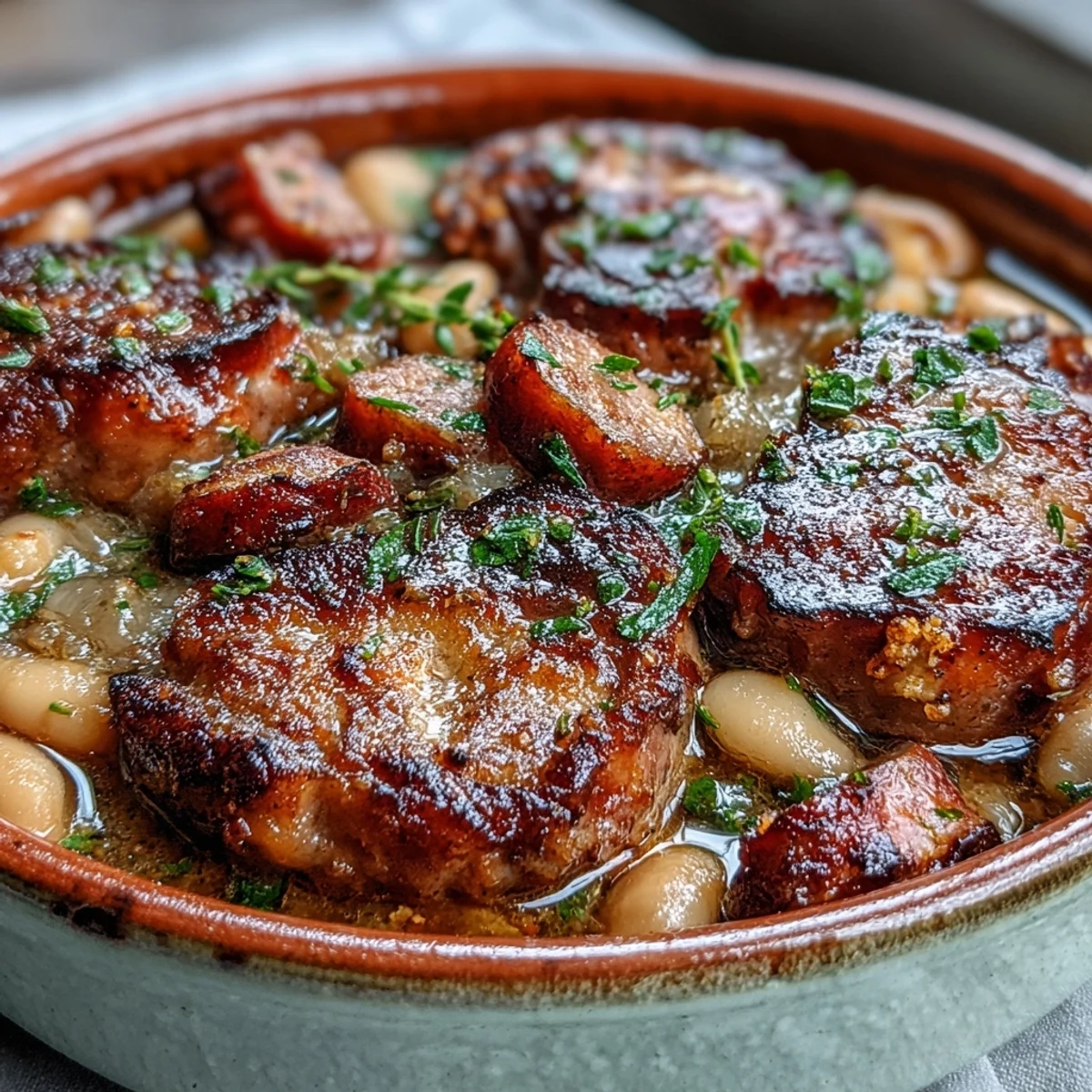 Golden-crusted ham and white bean casserole baked with aromatic herbs and rich tomato sauce, served piping hot.  