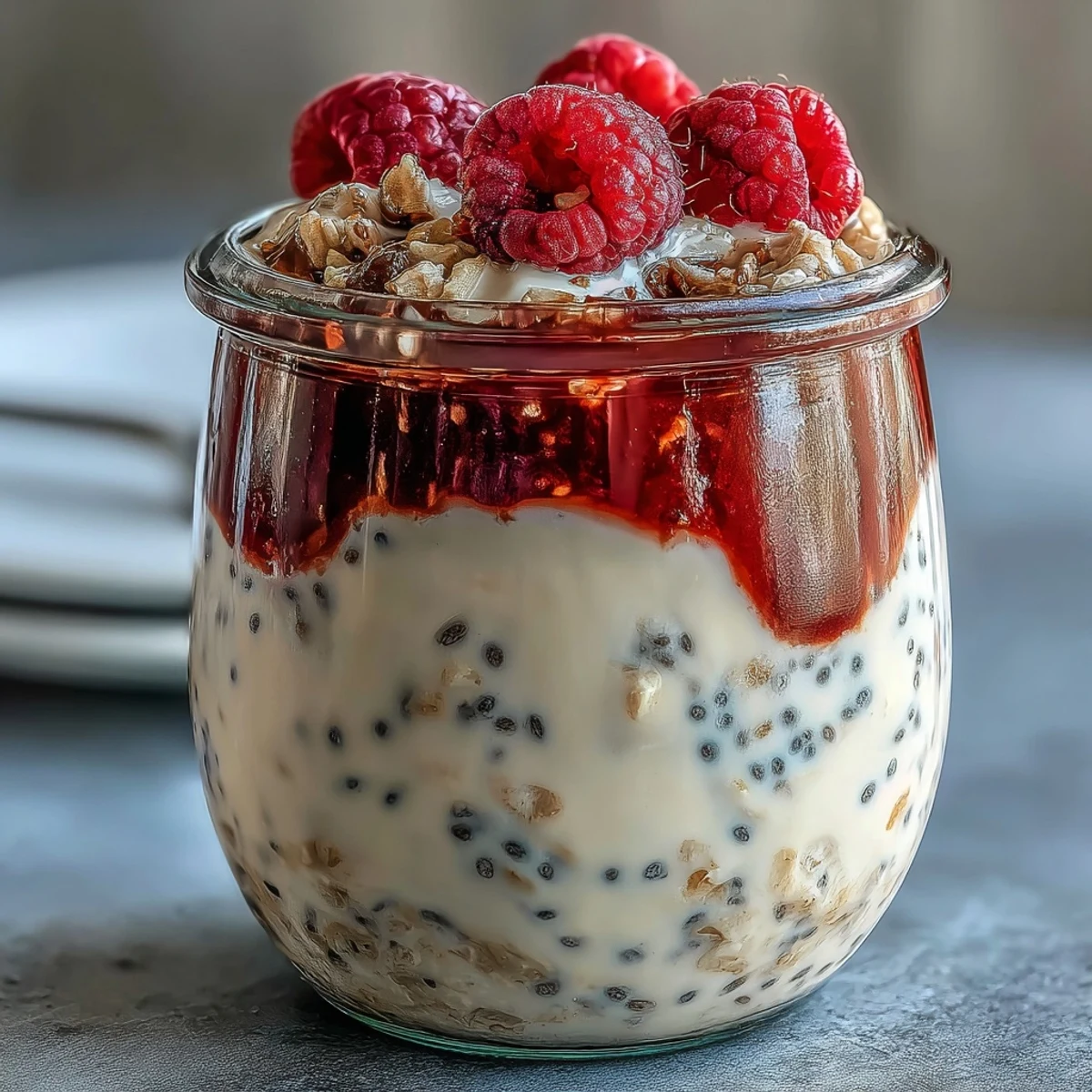 Creamy overnight oats layered with fresh raspberries and chia seeds for a healthy breakfast.