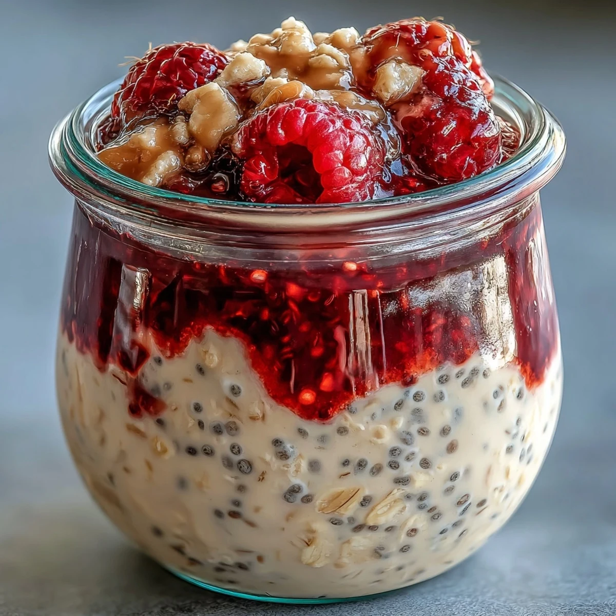 Vibrant raspberry chia seed overnight oats topped with crunchy almonds and juicy berries.