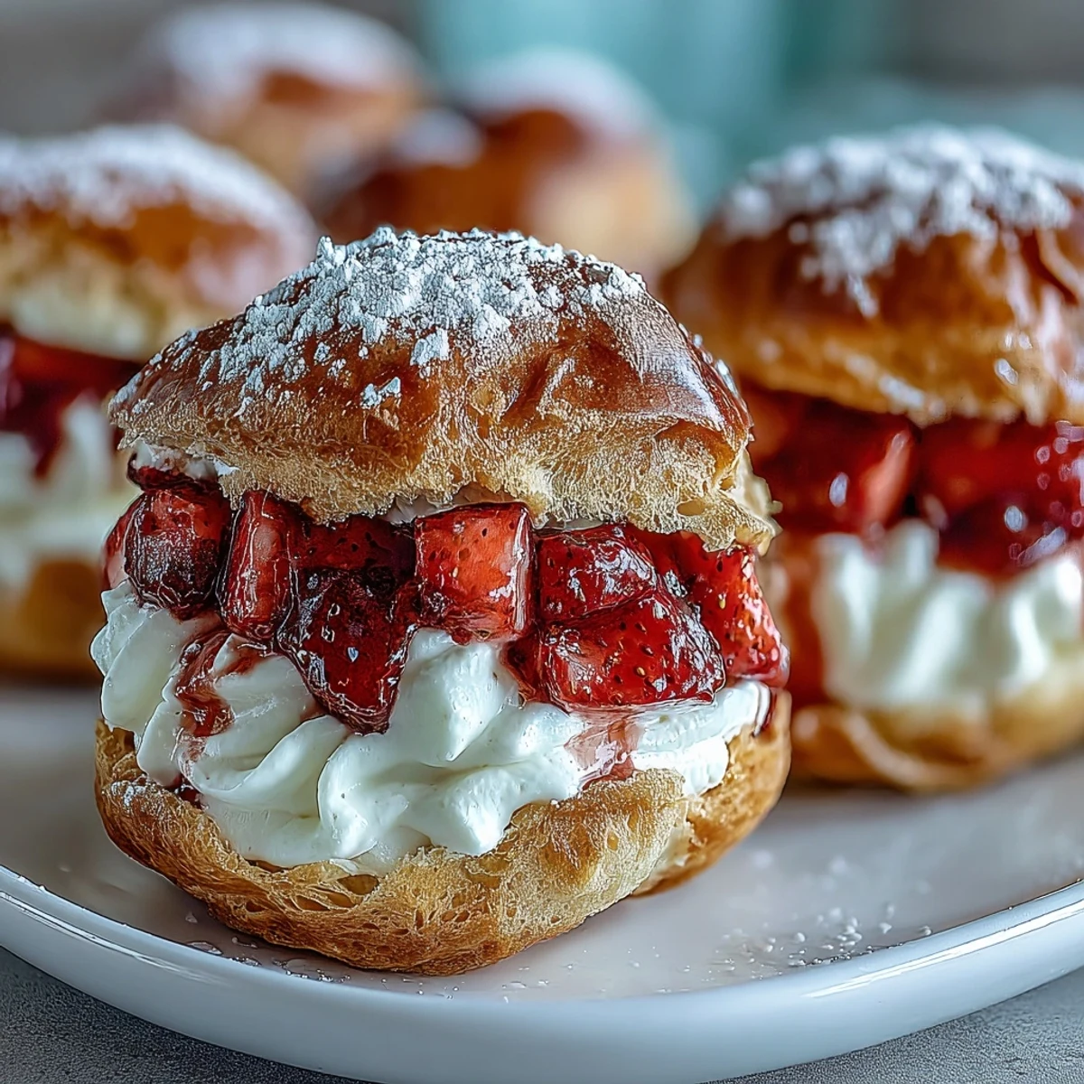 Golden baked cream puffs bursting with fresh strawberry cream filling, perfect for Valentine's Day or special celebrations.