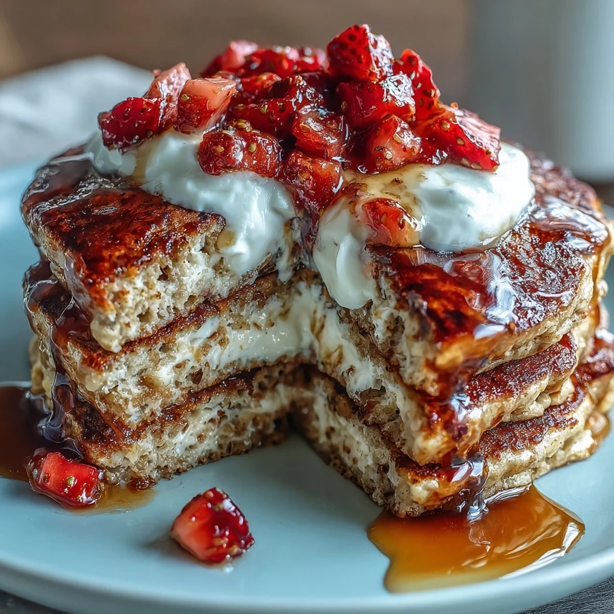 Fluffy cottage cheese strawberry protein pancakes topped with fresh berries for a healthy breakfast.