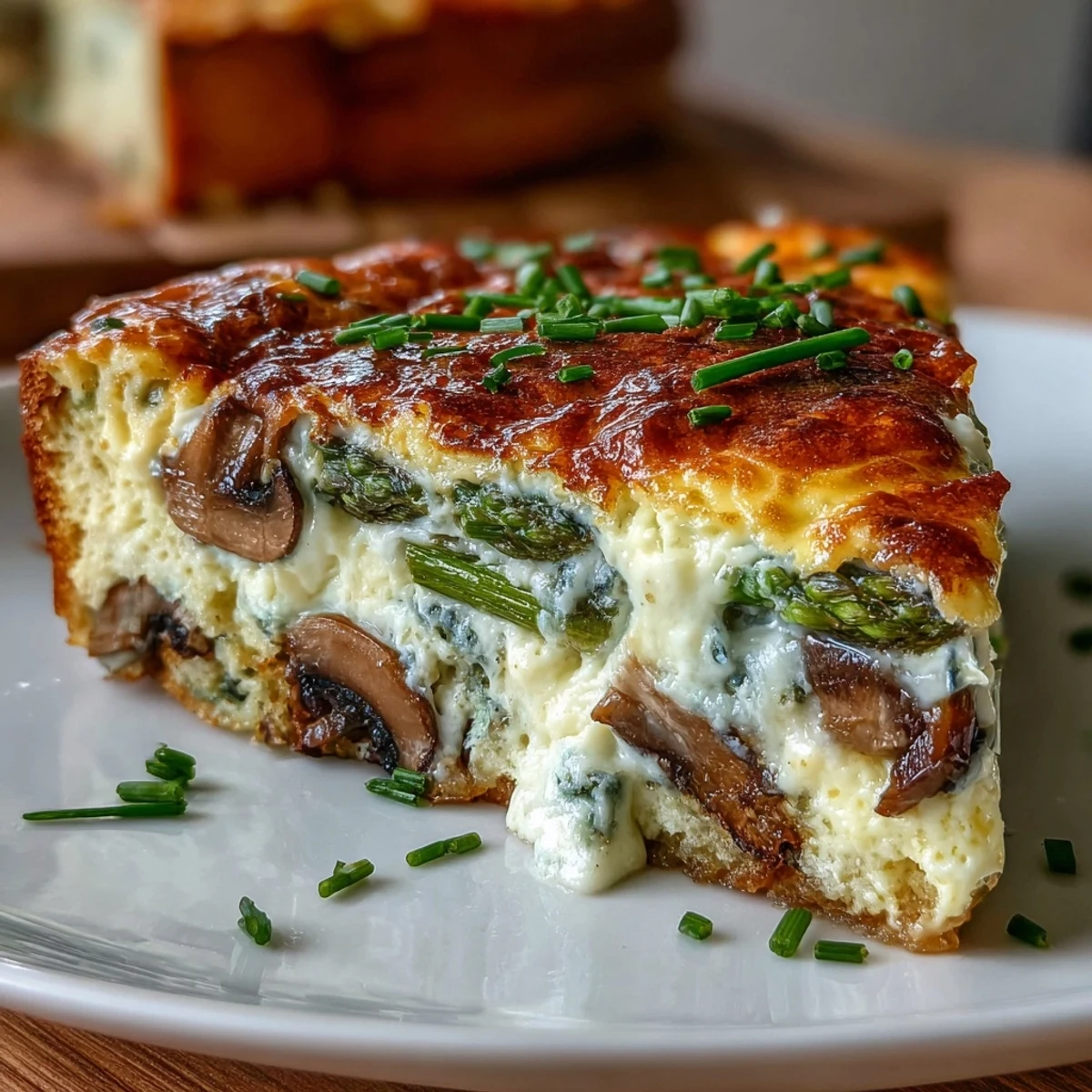 Asparagus and Mushroom Frittata with Sourdough Crust: golden baked eggs with fresh asparagus, mushrooms, and crisp sourdough base.