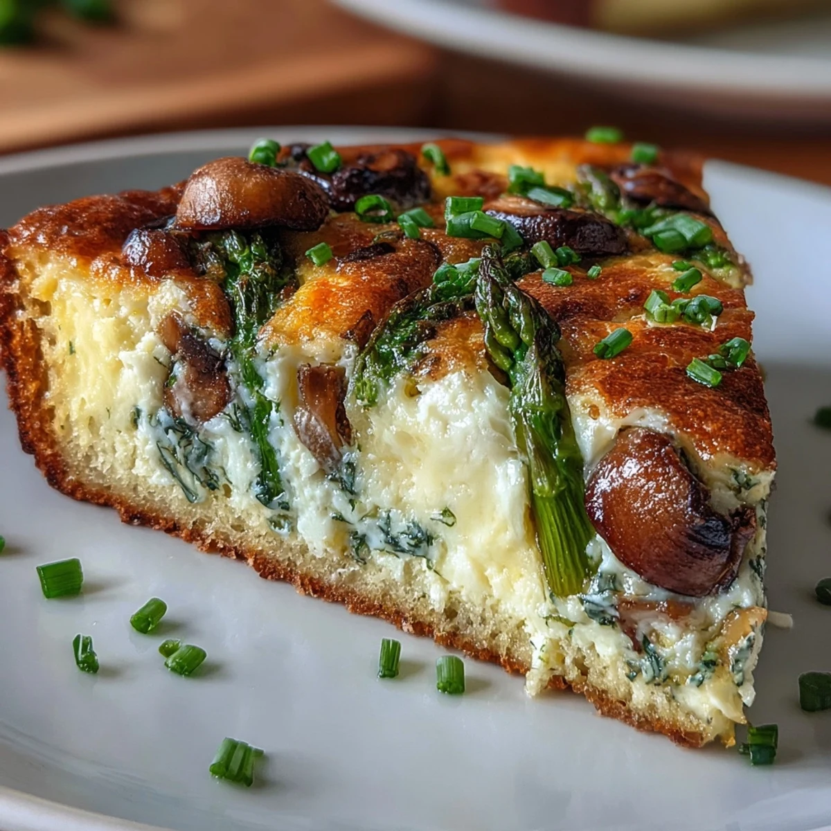 Spring frittata featuring tender asparagus, earthy mushrooms, and Gruyère cheese baked atop a crunchy sourdough bread crust.