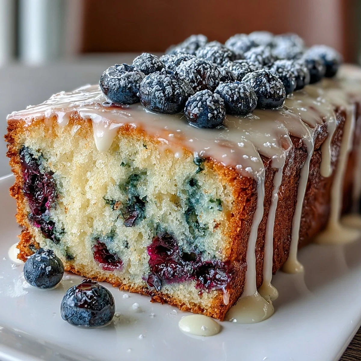A moist lemon loaf studded with fresh blueberries and drizzled with tangy glaze, perfect for baby showers or brunch gatherings.