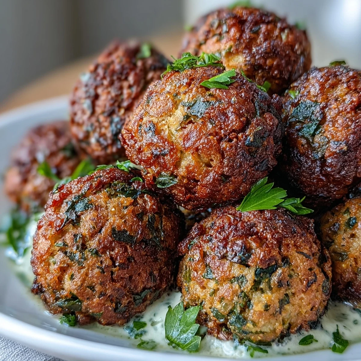 Air-fried falafel balls, seasoned with parsley and cilantro, paired with a bright green tahini sauce for dipping.  