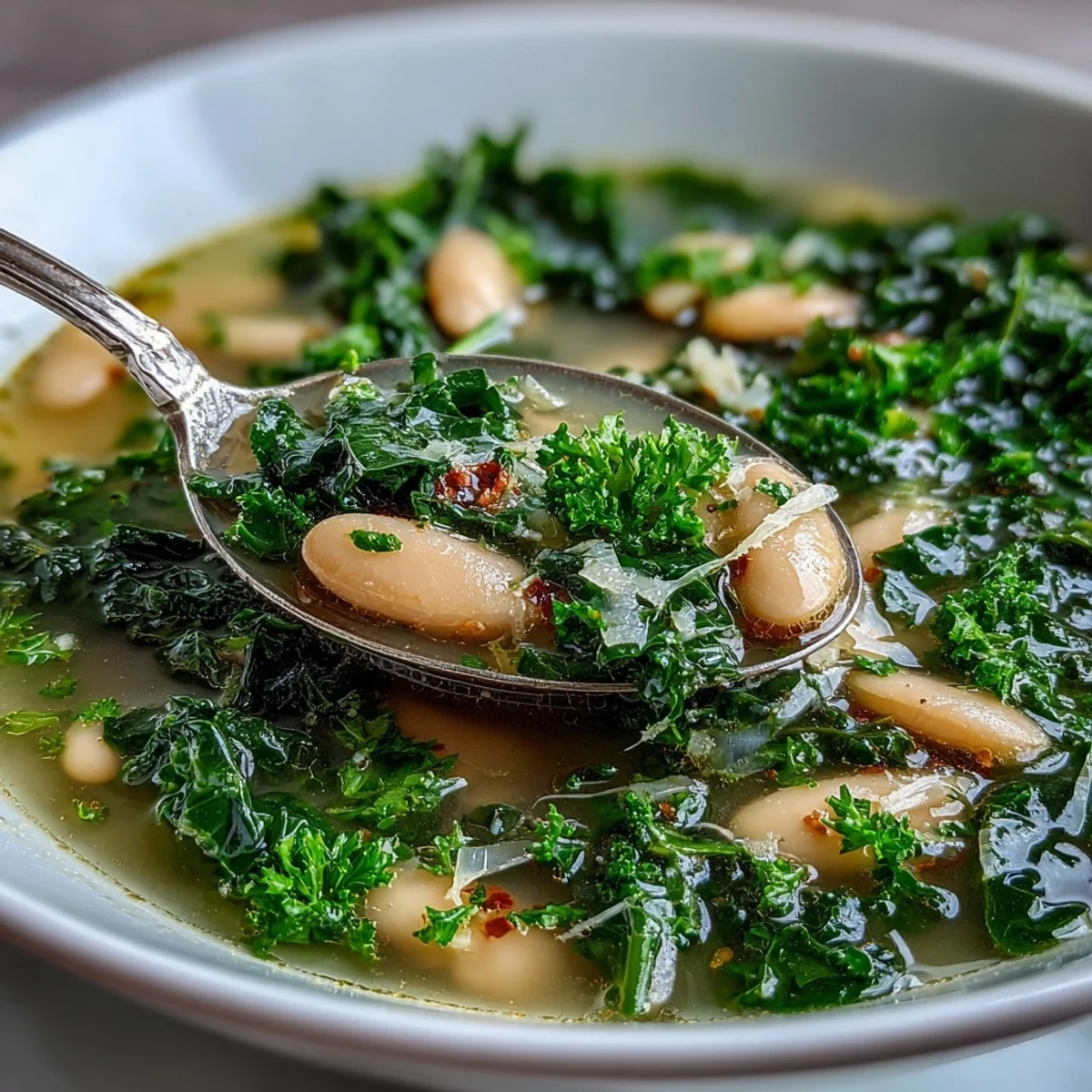A vibrant bowl of kale and white bean soup with fresh lemon wedges and parsley garnish.  